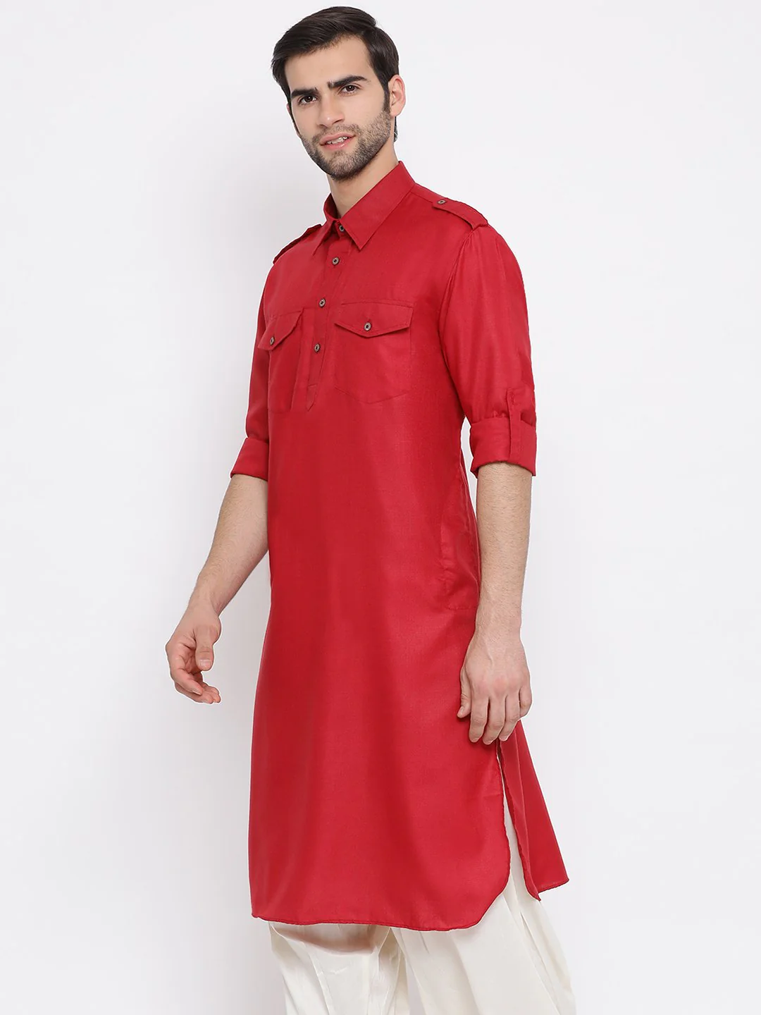 Men's Maroon Cotton Blend Pathani Style Kurta - Image 2