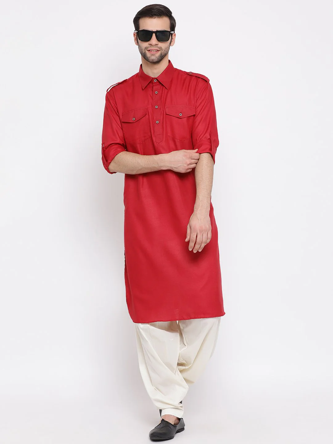 Men's Maroon Cotton Blend Pathani Style Kurta - Image 5