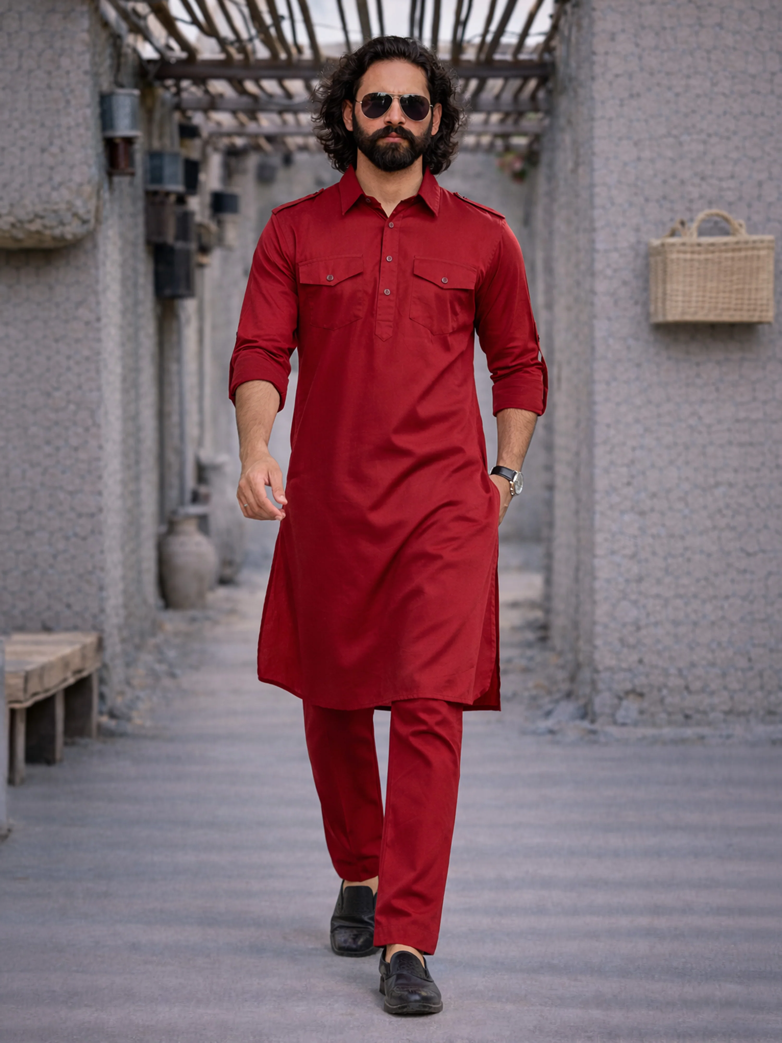 Men's Maroon Cotton Pathani Suit Set - Image 2