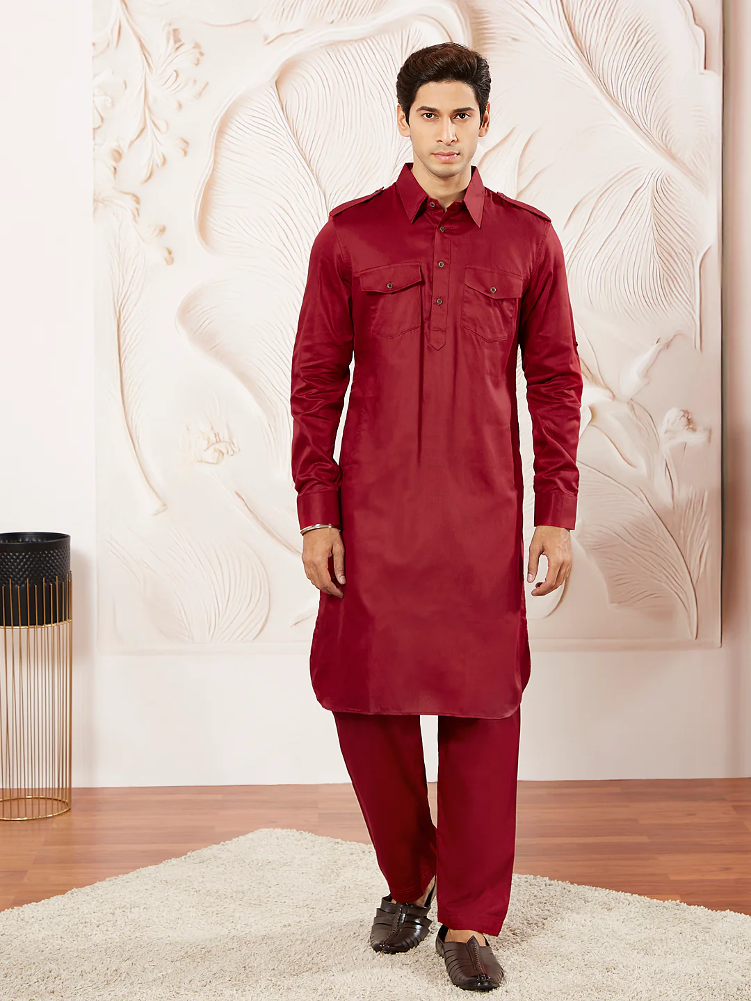 Men's Maroon Cotton Pathani Suit Set - Image 3