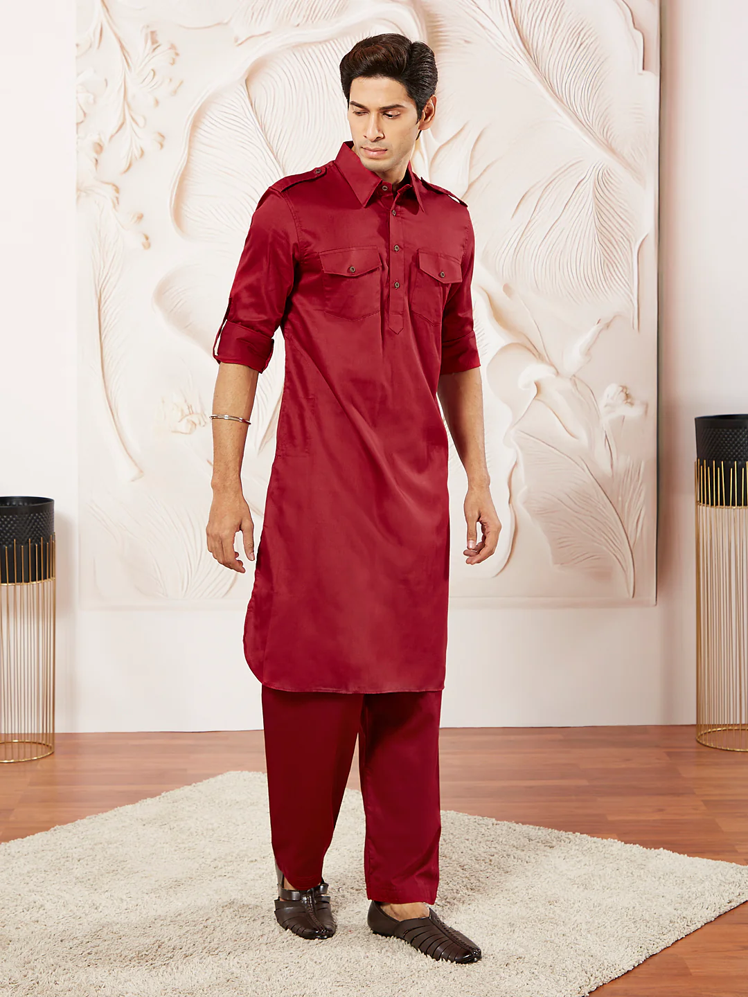 Men's Maroon Cotton Pathani Suit Set - Image 5