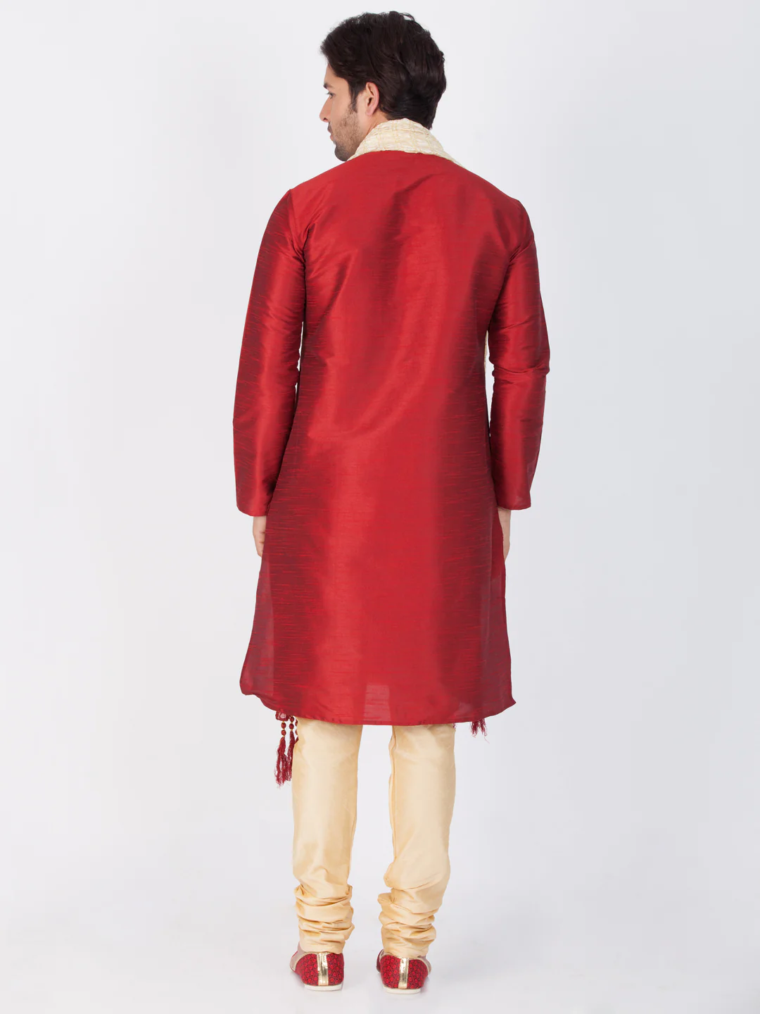 VASTRAMAY Men's Maroon Cotton Silk Blend Kurta, Pyjama & Dupatta Set - Image 4