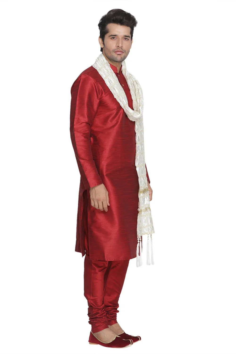 VASTRAMAY Men's Maroon Cotton Silk Blend Kurta, Pyjama & Dupatta Set - Image 2