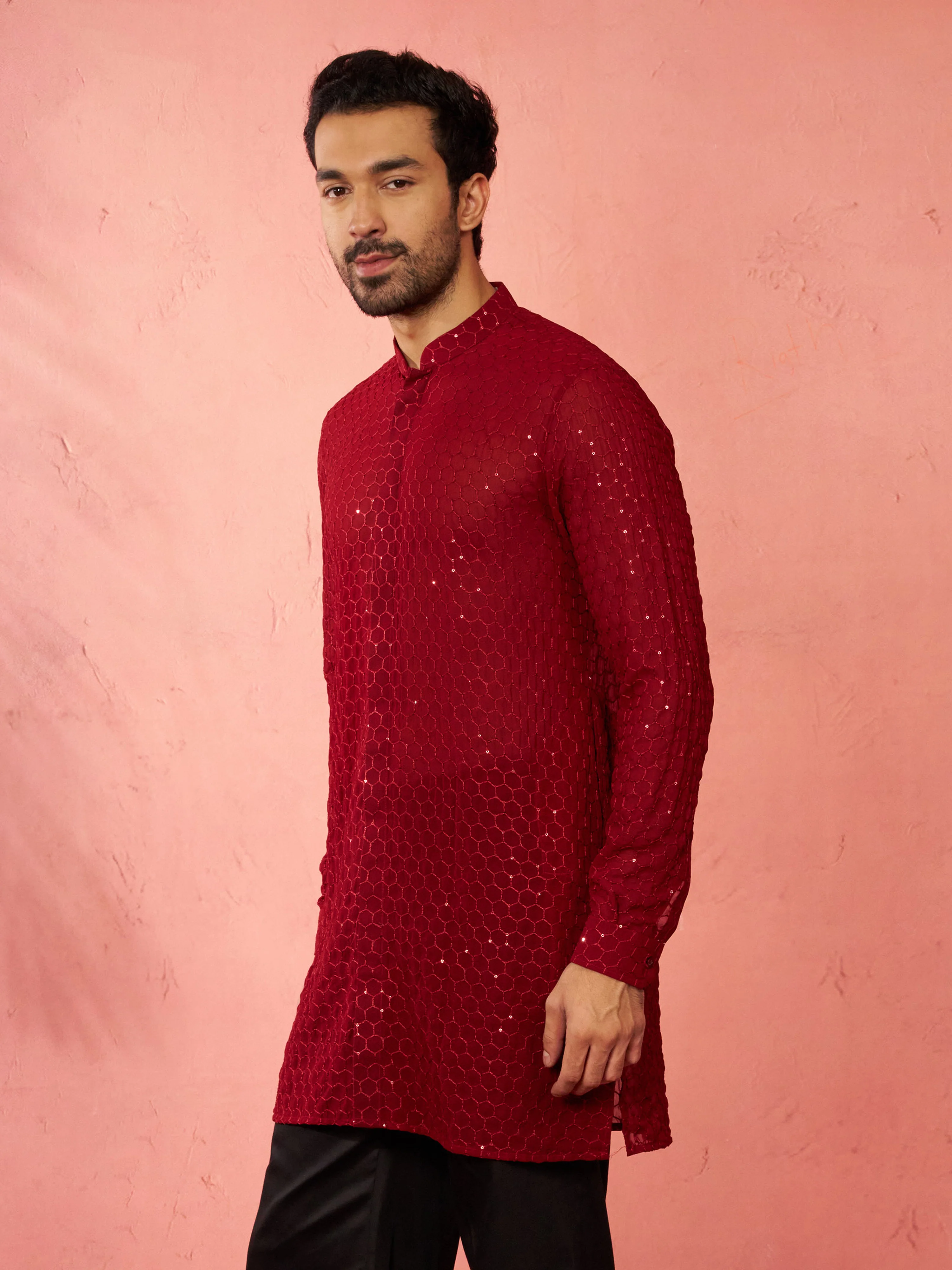 Men's Maroon Georgette Mid Kurta - Image 4