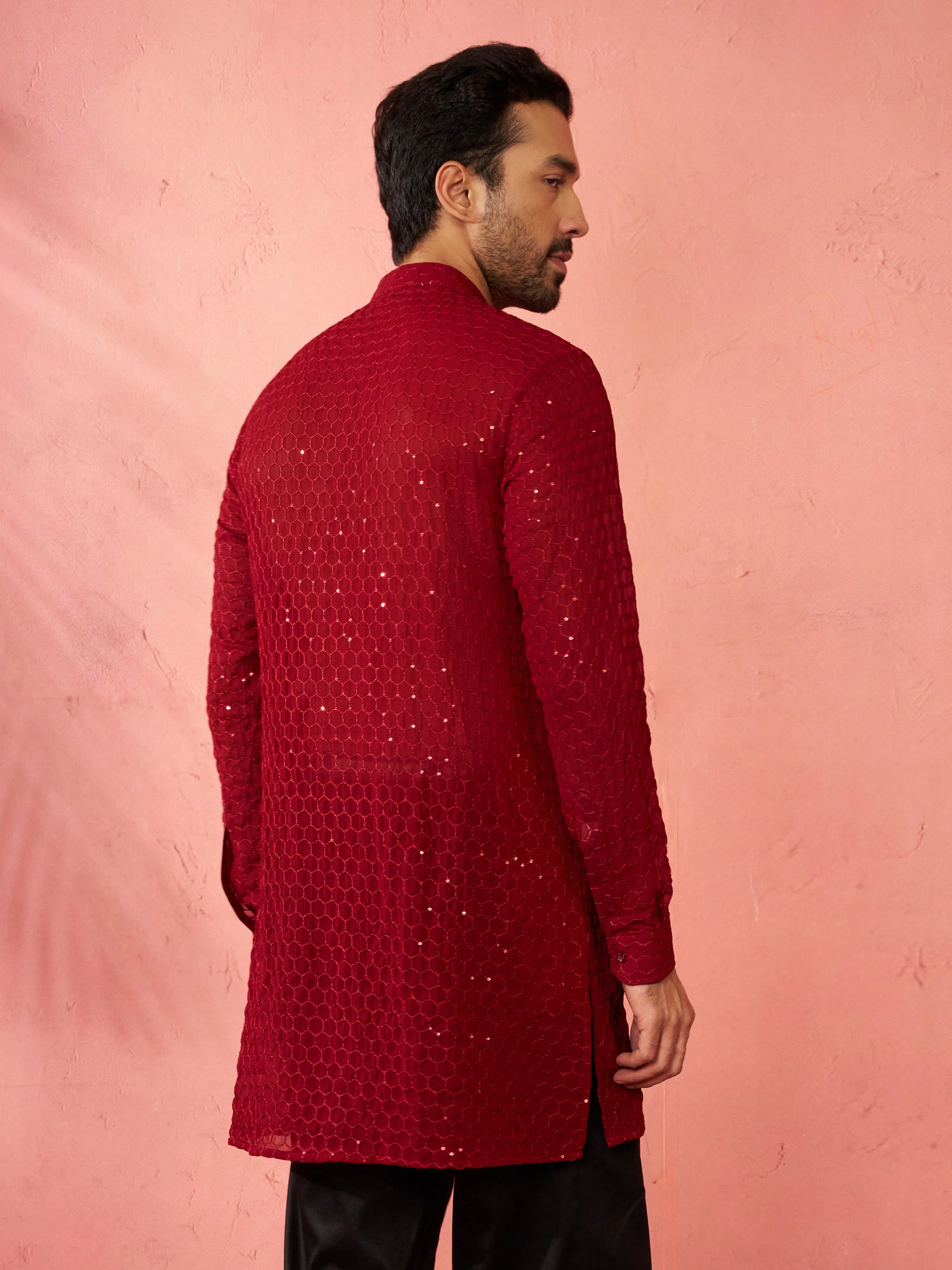 Men's Maroon Georgette Mid Kurta - Image 5