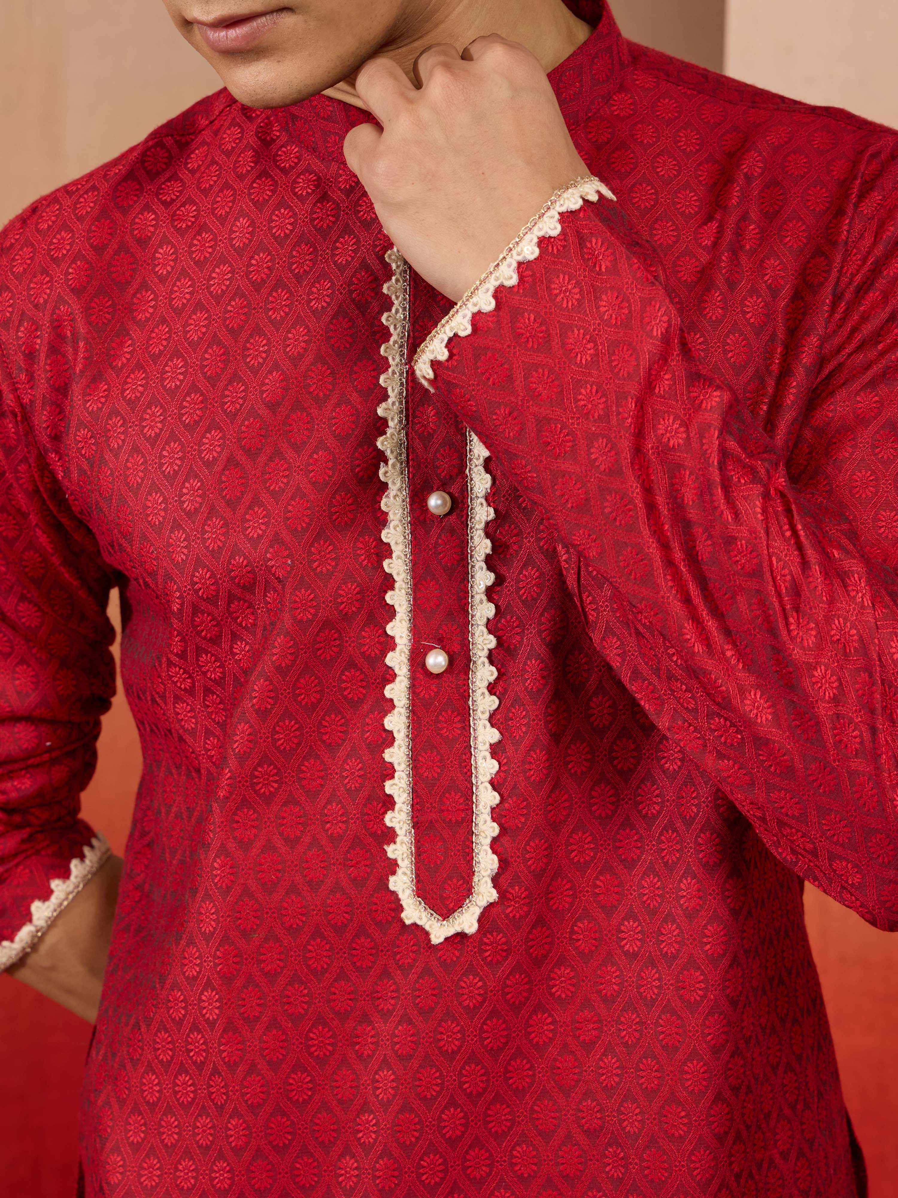 Mens Maroon Jacquard Kurta with Pyjama - Image 2
