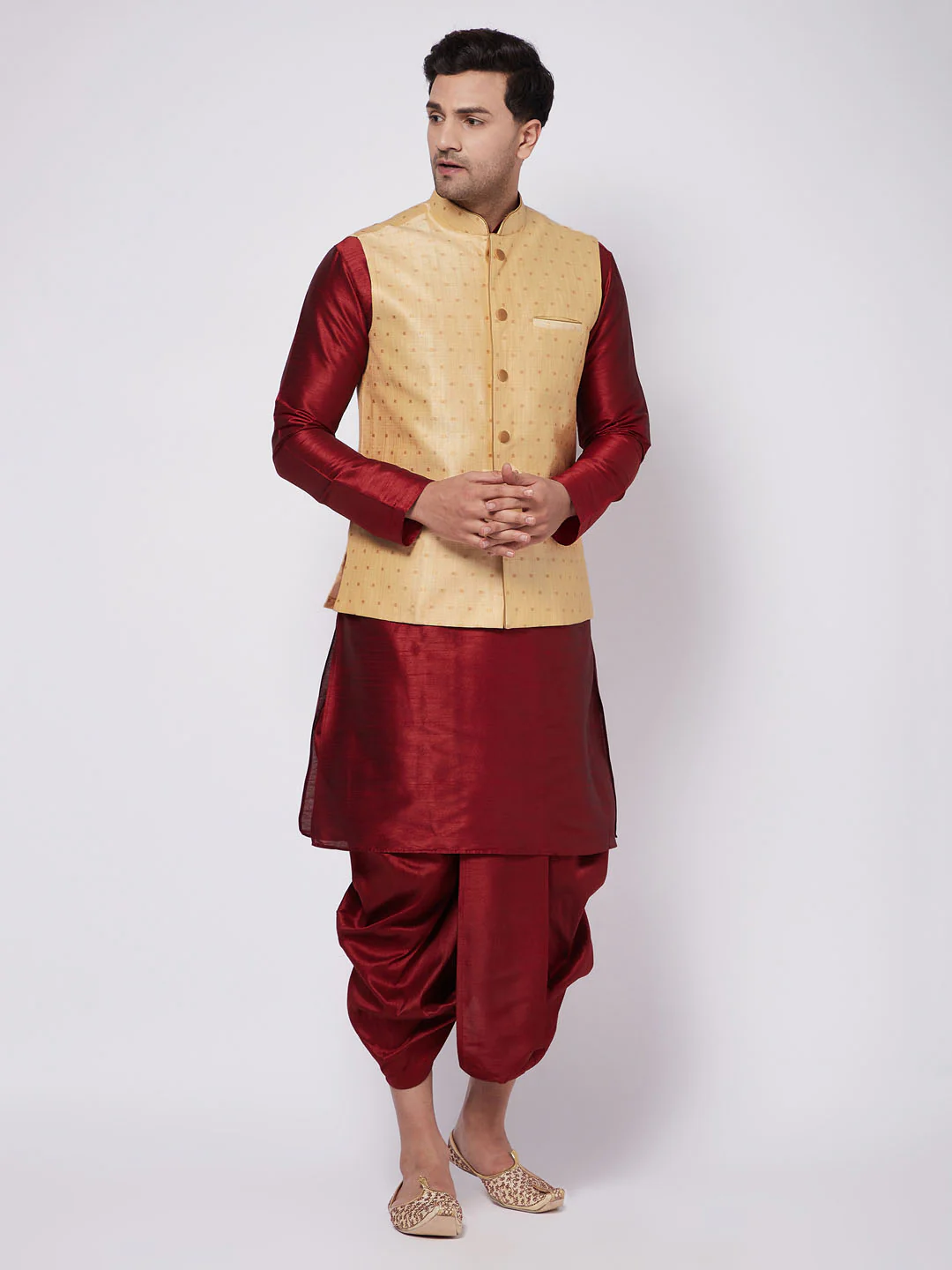 Men's Maroon Zari Weaved Jacket With Kurta Dhoti Set - Image 2