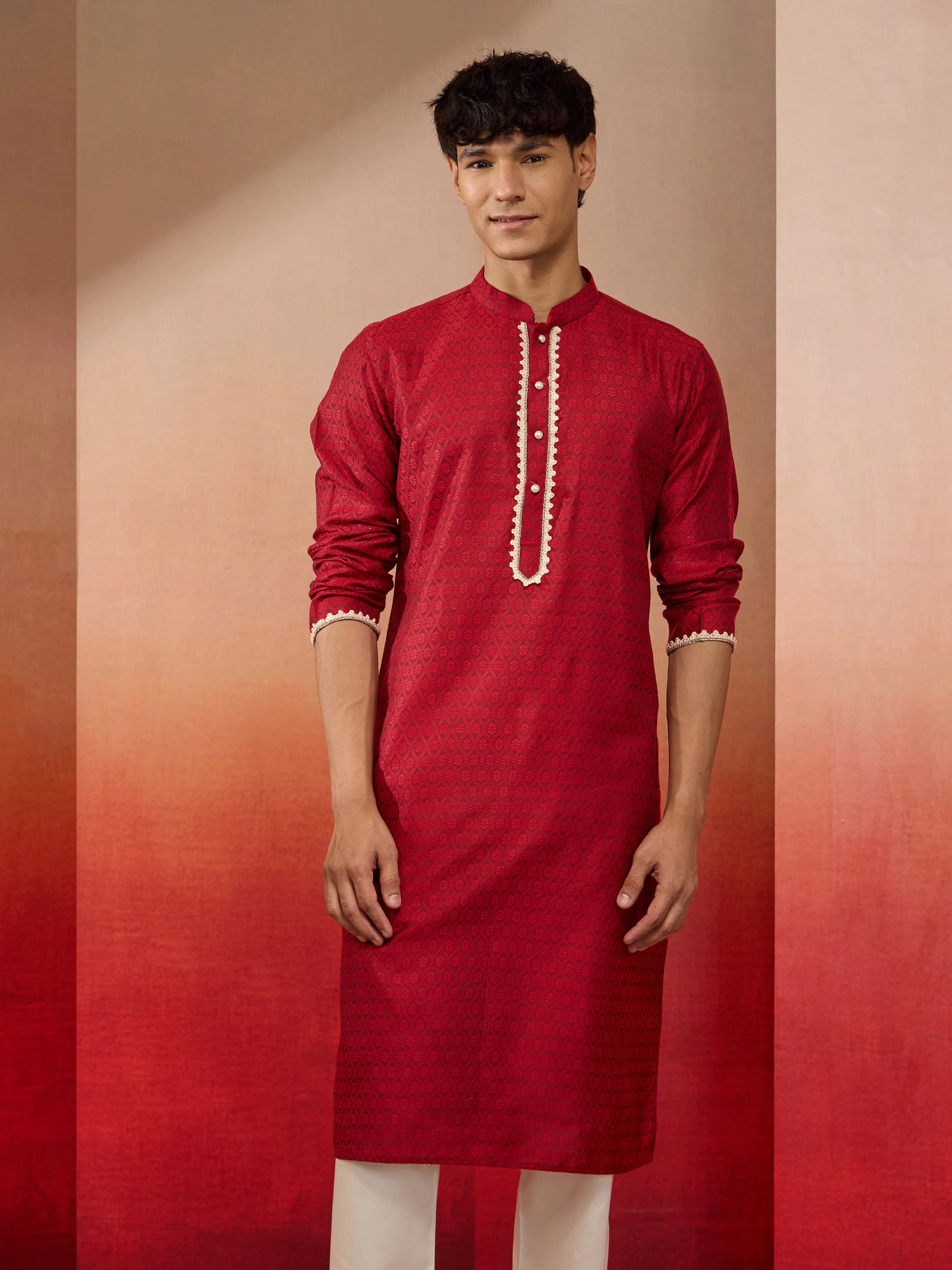 Men's Maroon Silk Jacquard Kurta - Image 3