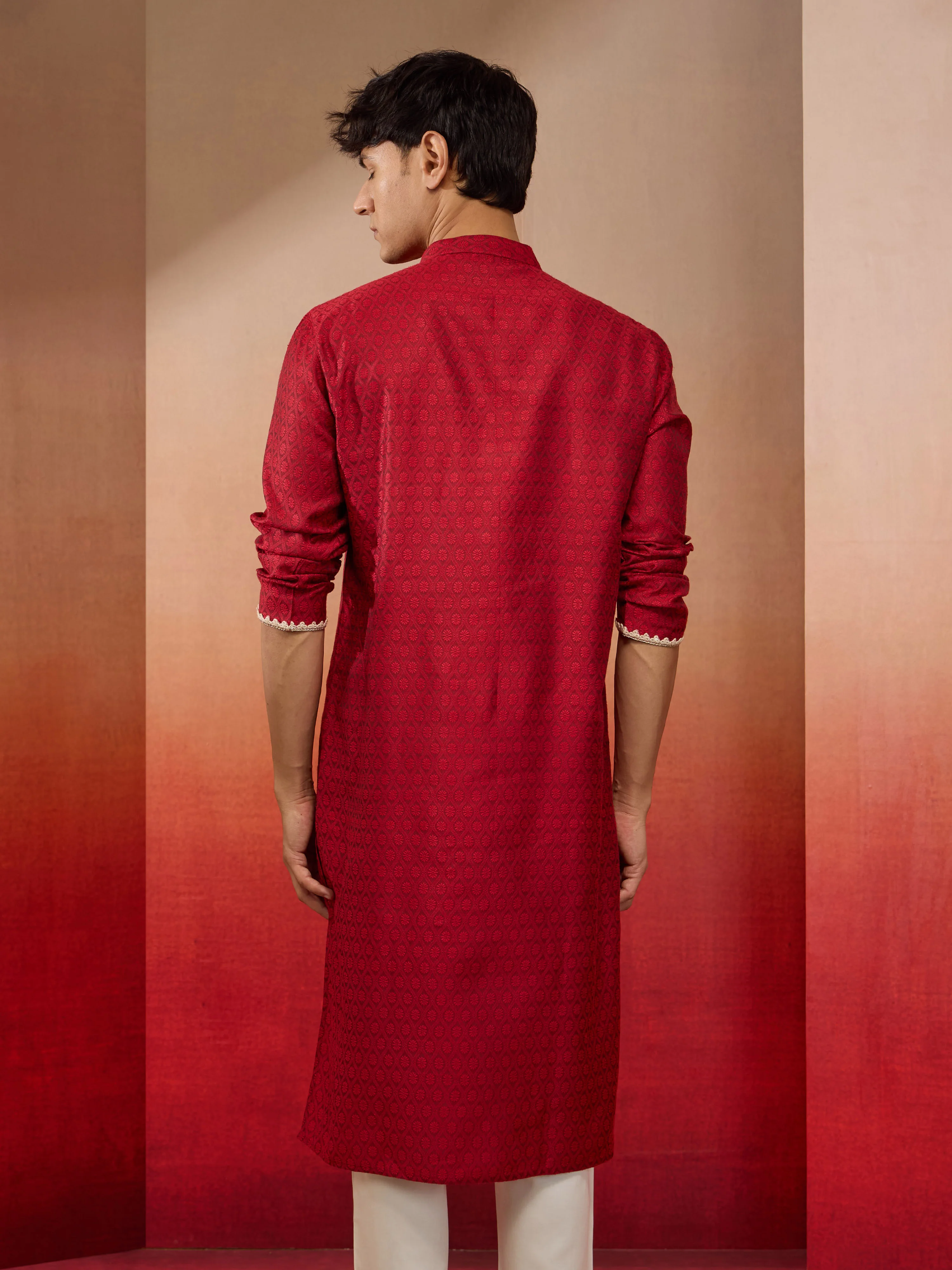 Men's Maroon Silk Jacquard Kurta - Image 4