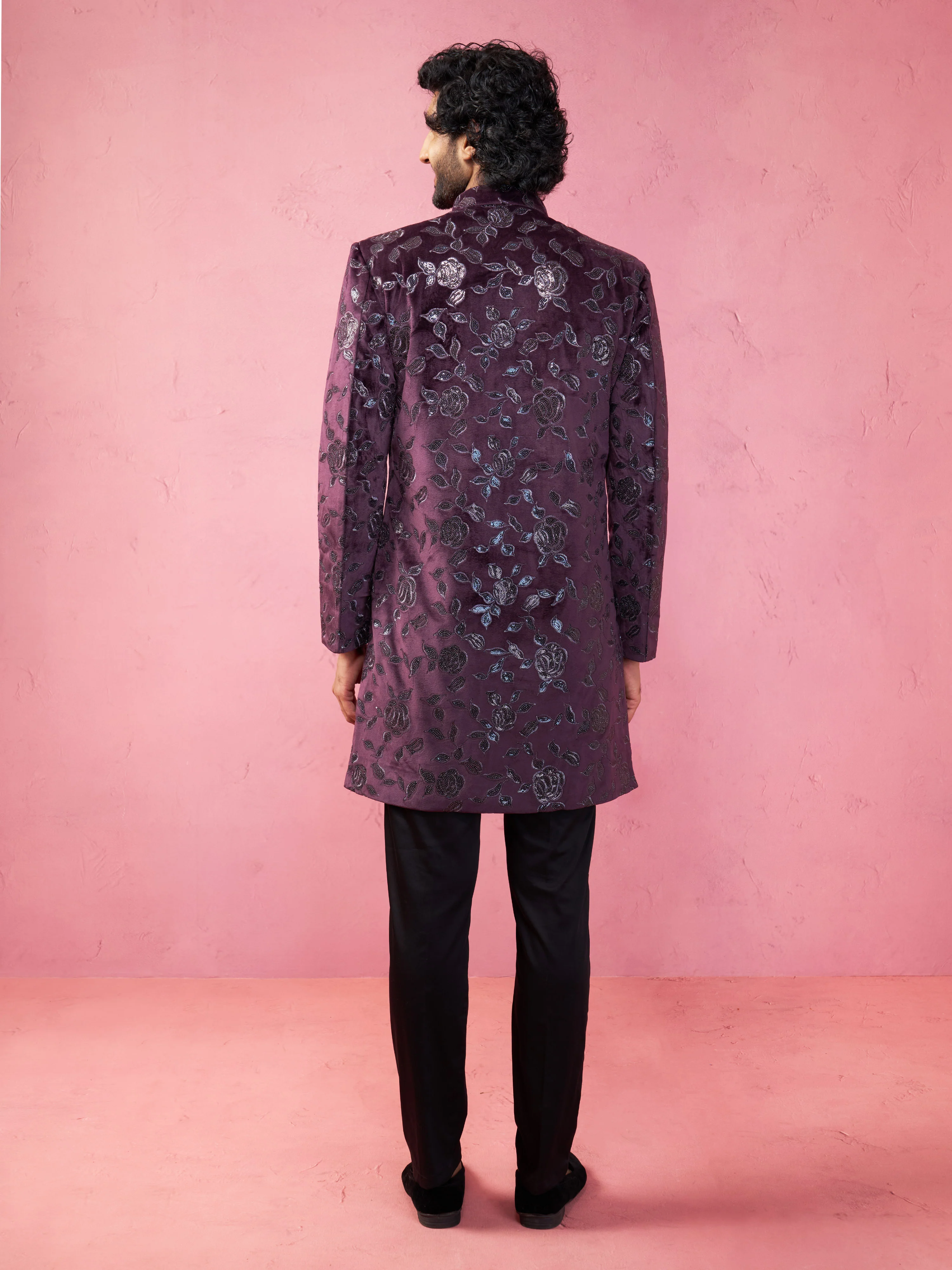 Men's Maroon Velvet Indo-Western Kurta with Black Cotton Lycra Pyjama - Image 5