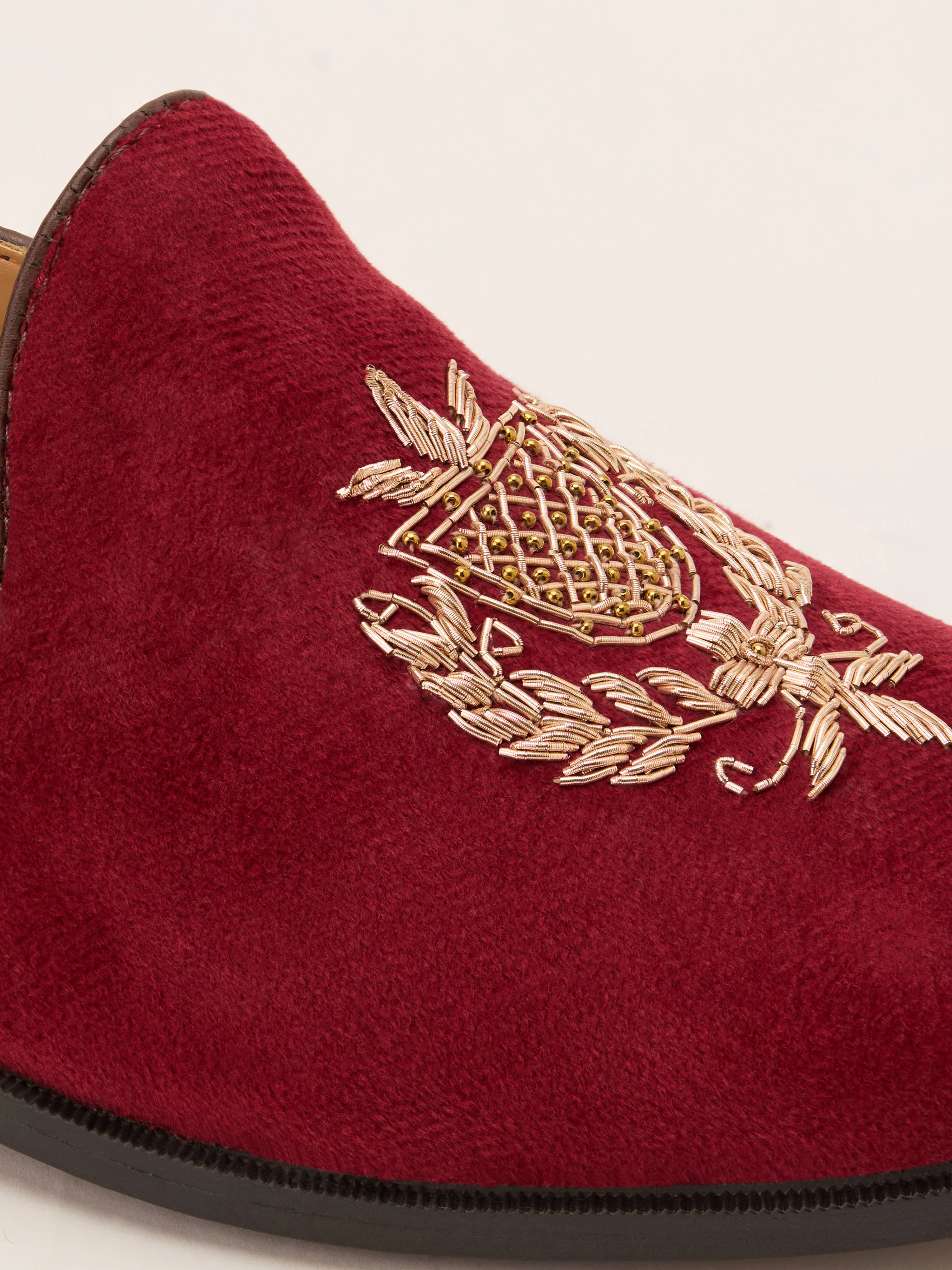Men's Maroon Velvet Zardozi Crest Loafer | Gold Shield & Laurel Wreath Motif | Golden Beads | Almond Toe | TPR Sole - Image 2
