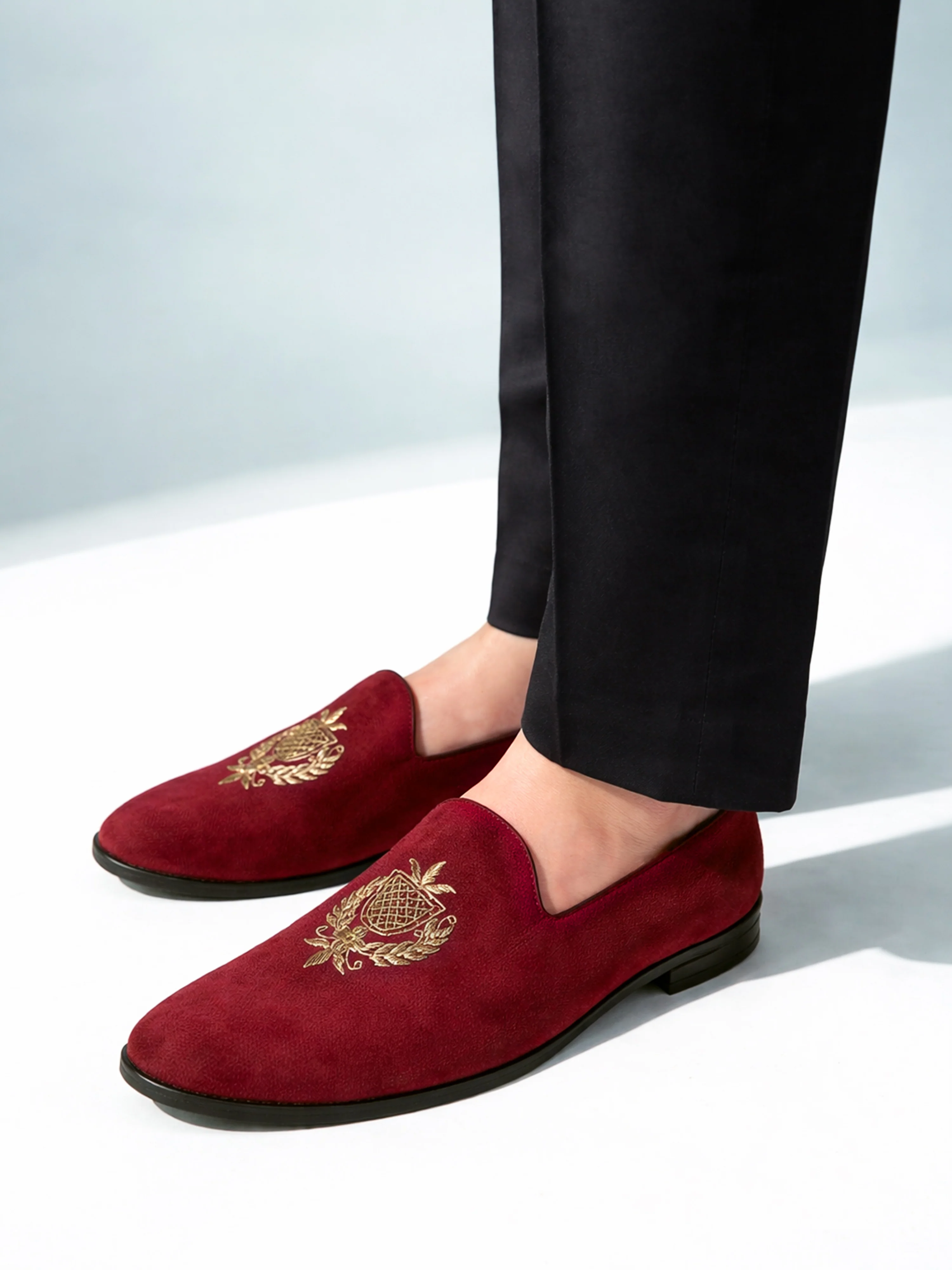 Men's Maroon Velvet Zardozi Crest Loafer | Gold Shield & Laurel Wreath Motif | Golden Beads | Almond Toe | TPR Sole - Image 3