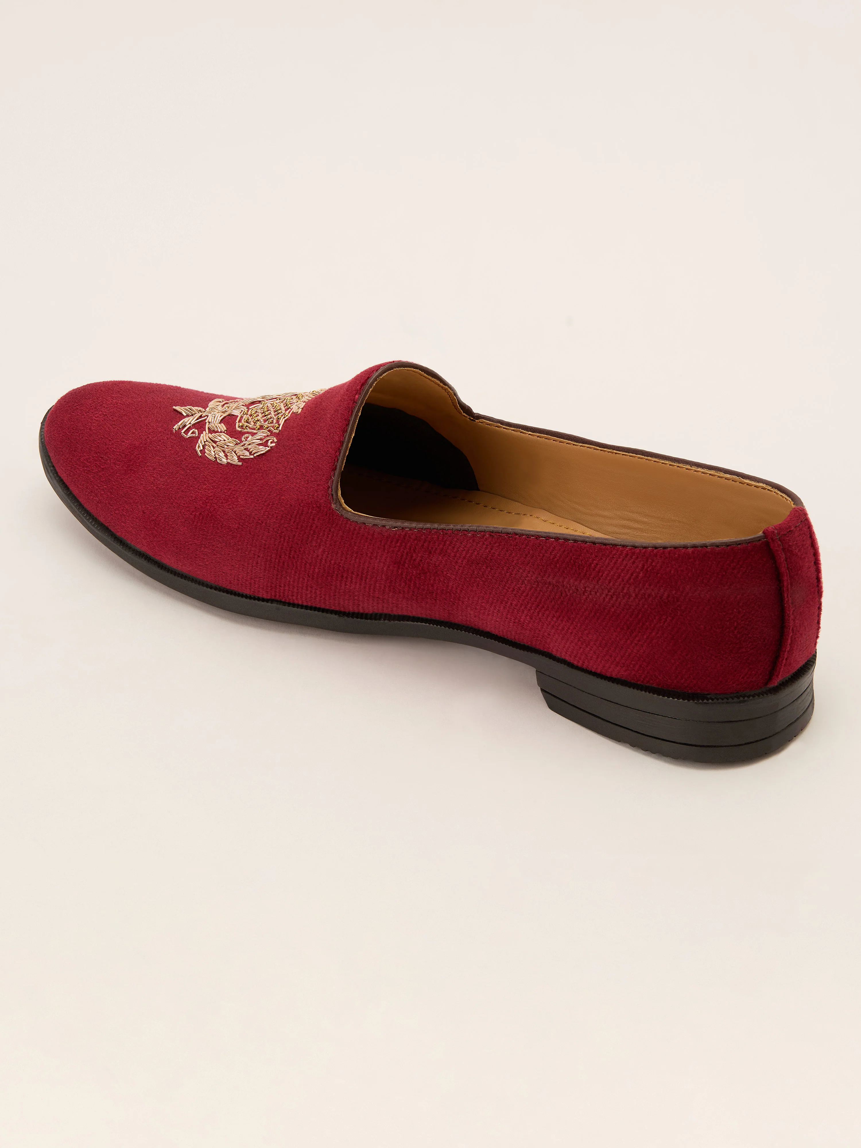 Men's Maroon Velvet Zardozi Crest Loafer | Gold Shield & Laurel Wreath Motif | Golden Beads | Almond Toe | TPR Sole - Image 4