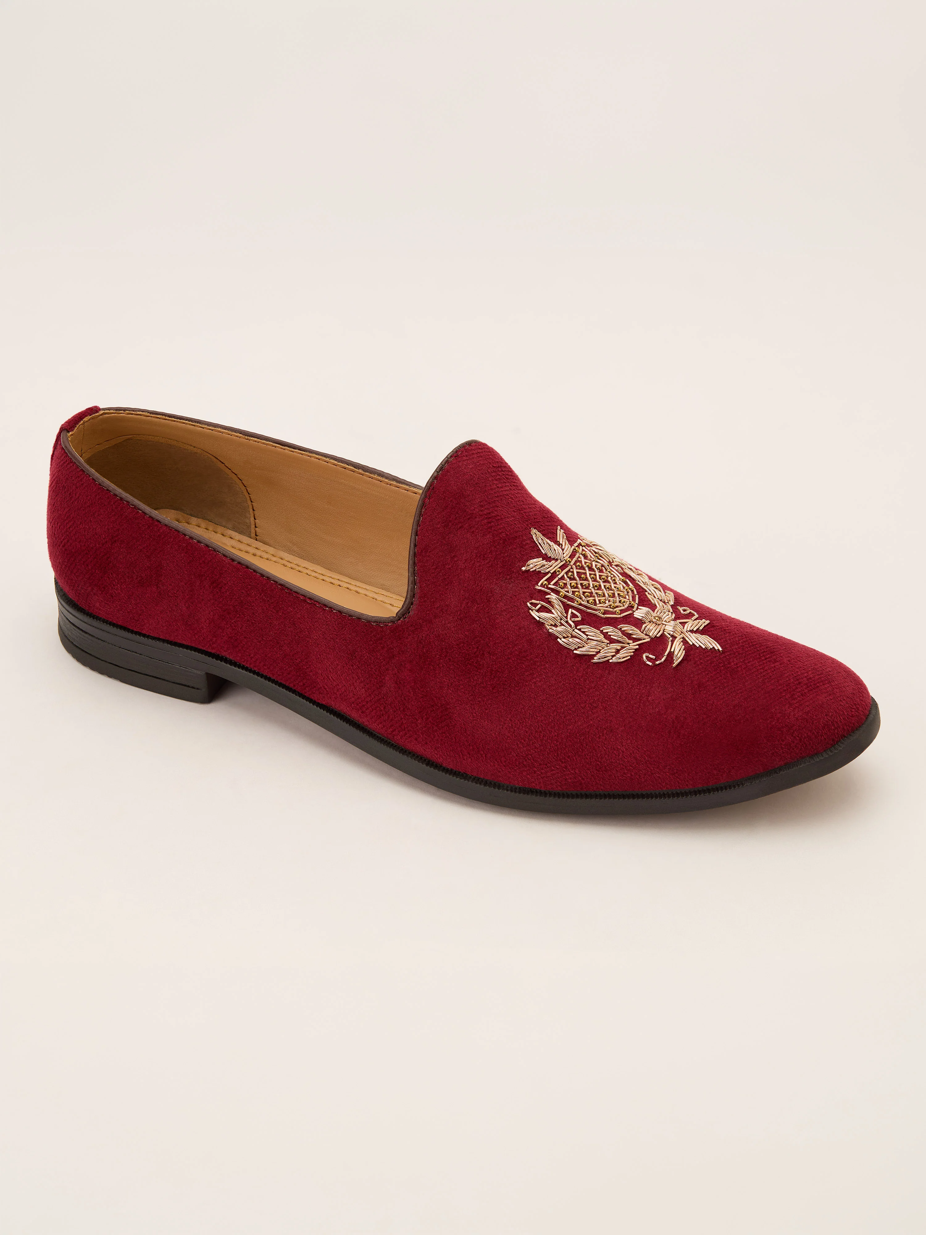 Men's Maroon Velvet Zardozi Crest Loafer | Gold Shield & Laurel Wreath Motif | Golden Beads | Almond Toe | TPR Sole - Image 5