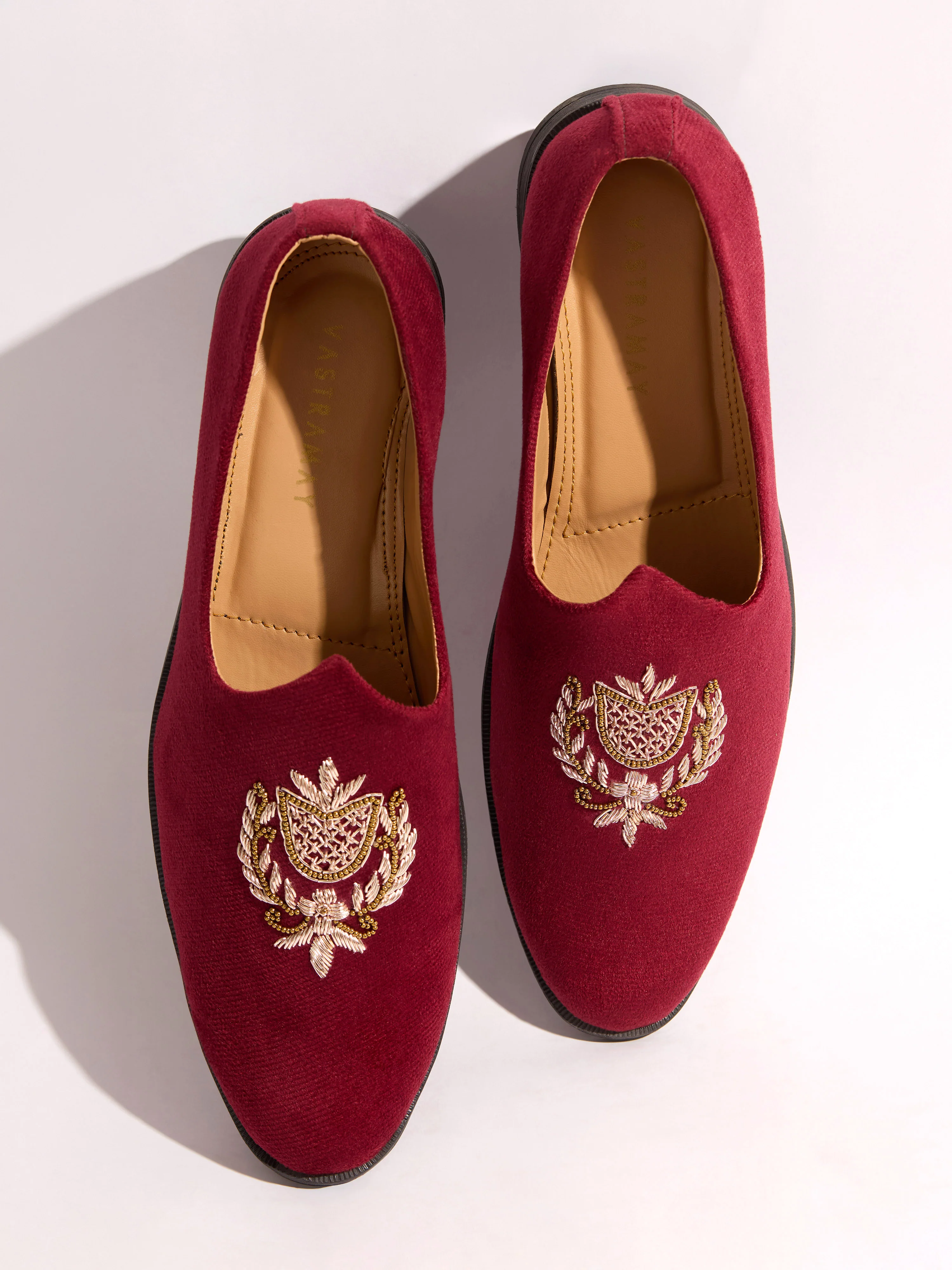 Men's Maroon Velvet Zardozi Loafer | Golden Bead & Zari Work Motif | Almond Toe | TPR Sole | All Season