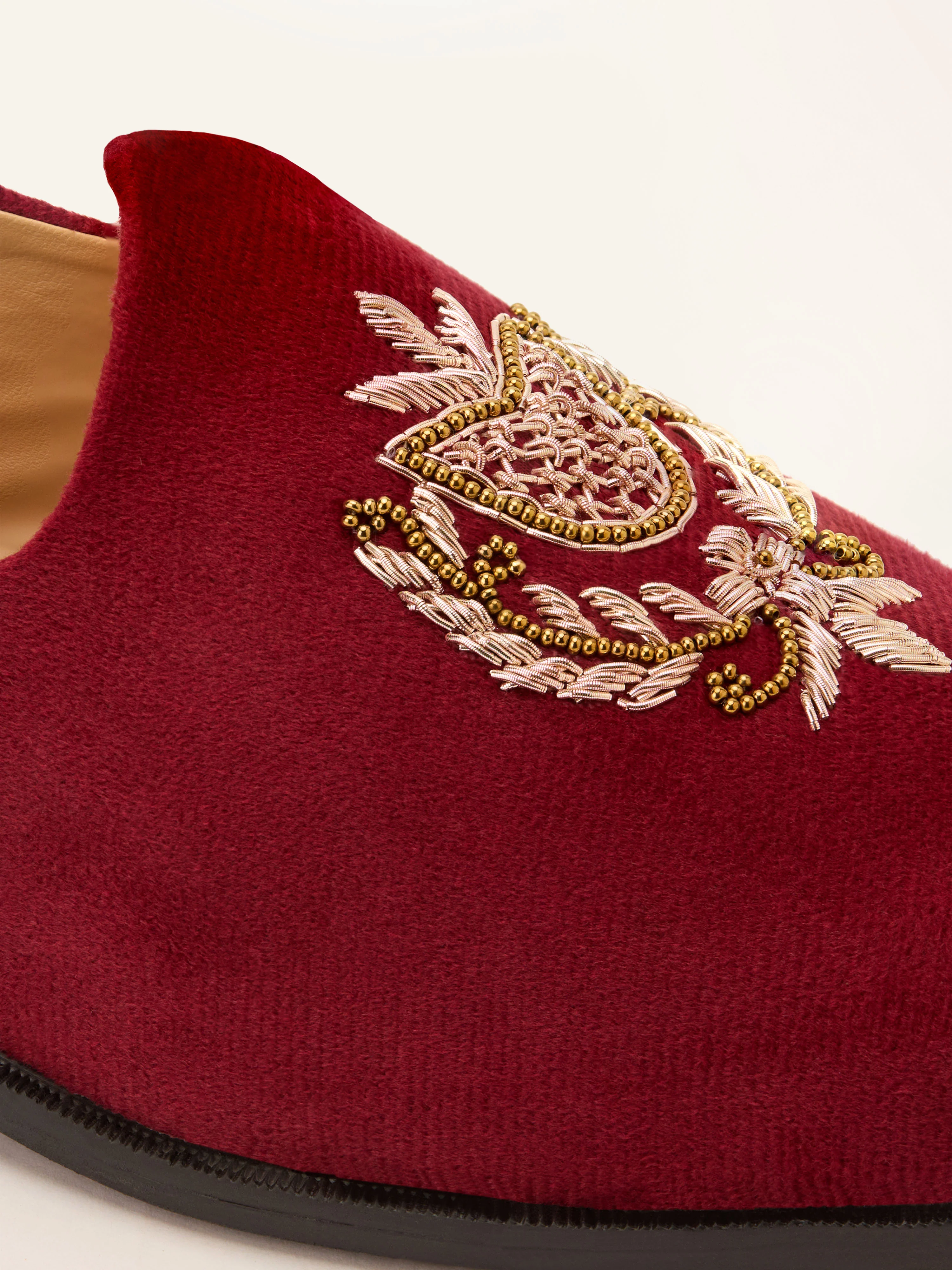 Men's Maroon Velvet Zardozi Loafer | Golden Bead & Zari Work Motif | Almond Toe | TPR Sole | All Season - Image 2