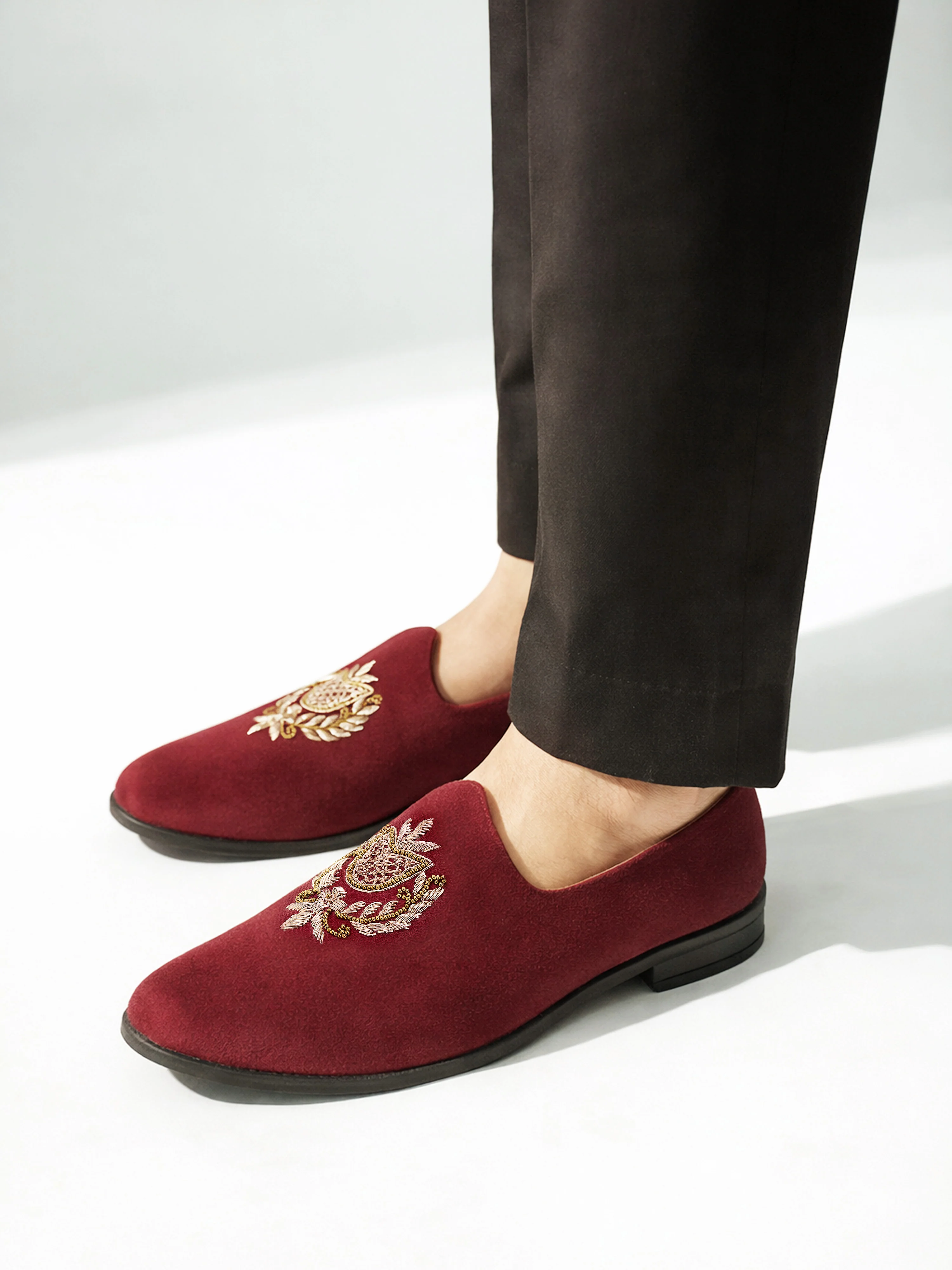 Men's Maroon Velvet Zardozi Loafer | Golden Bead & Zari Work Motif | Almond Toe | TPR Sole | All Season - Image 3