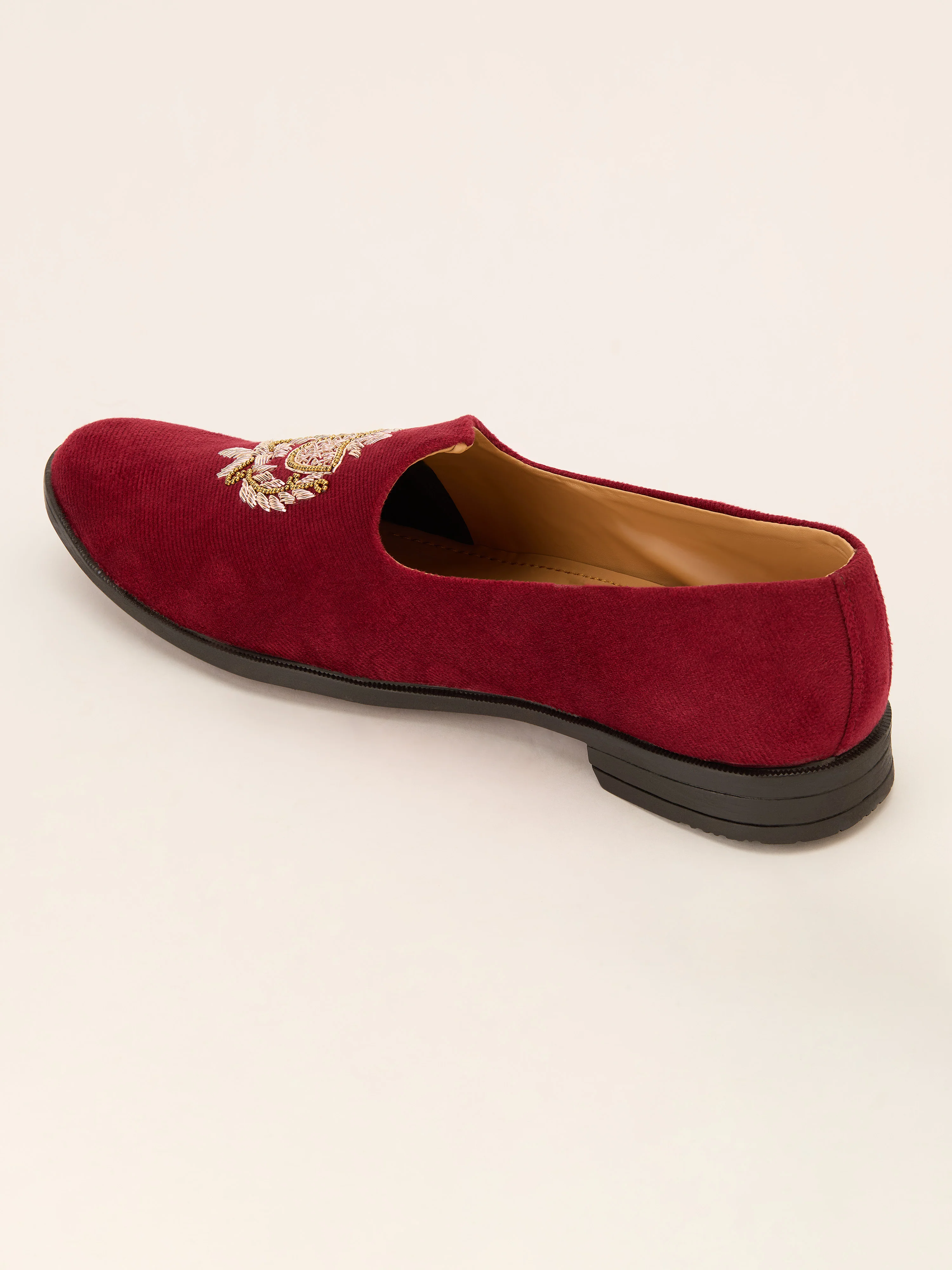 Men's Maroon Velvet Zardozi Loafer | Golden Bead & Zari Work Motif | Almond Toe | TPR Sole | All Season - Image 4