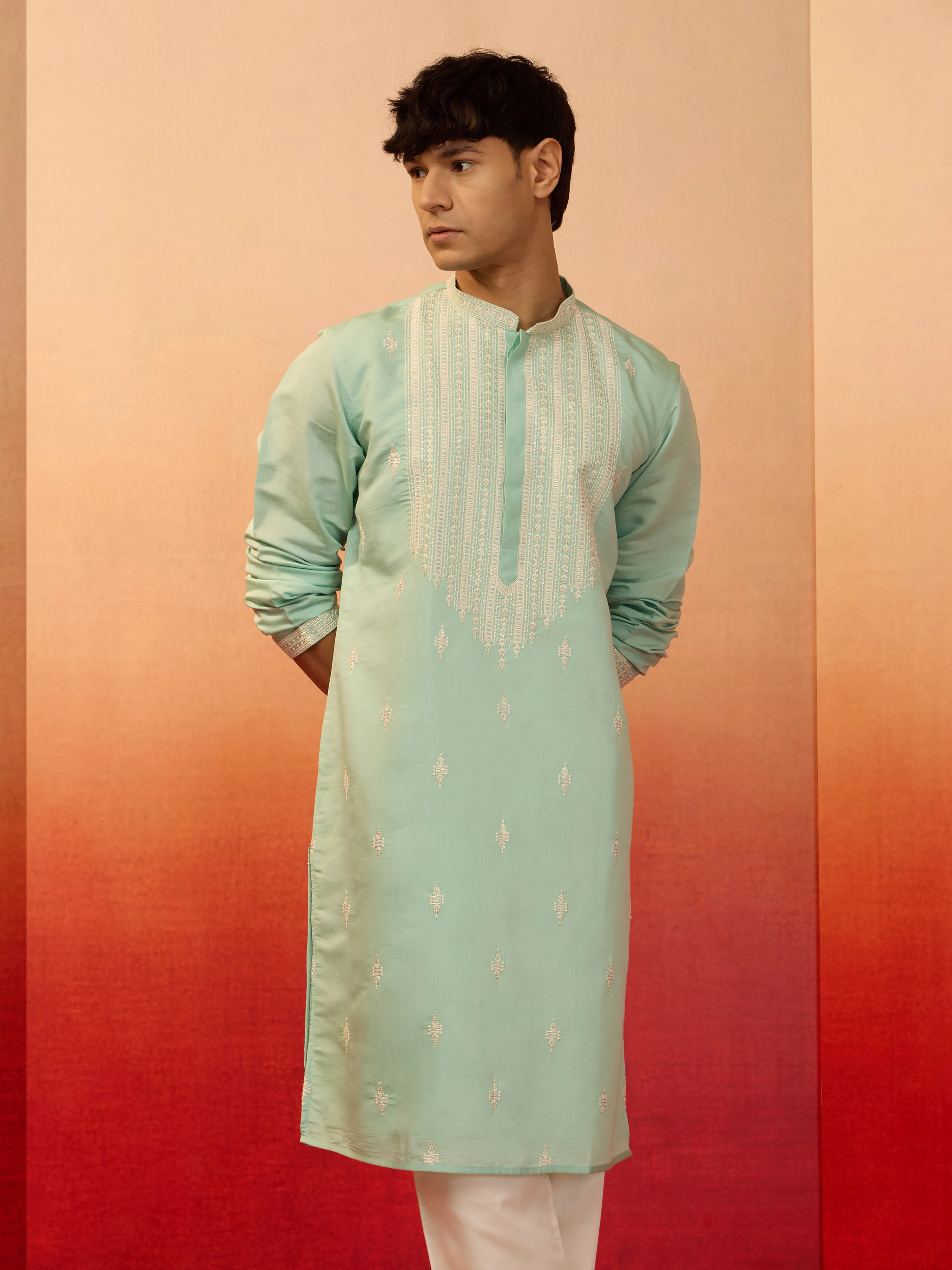 Men's Mint Green Embroidered Silk Kurta - Image 3