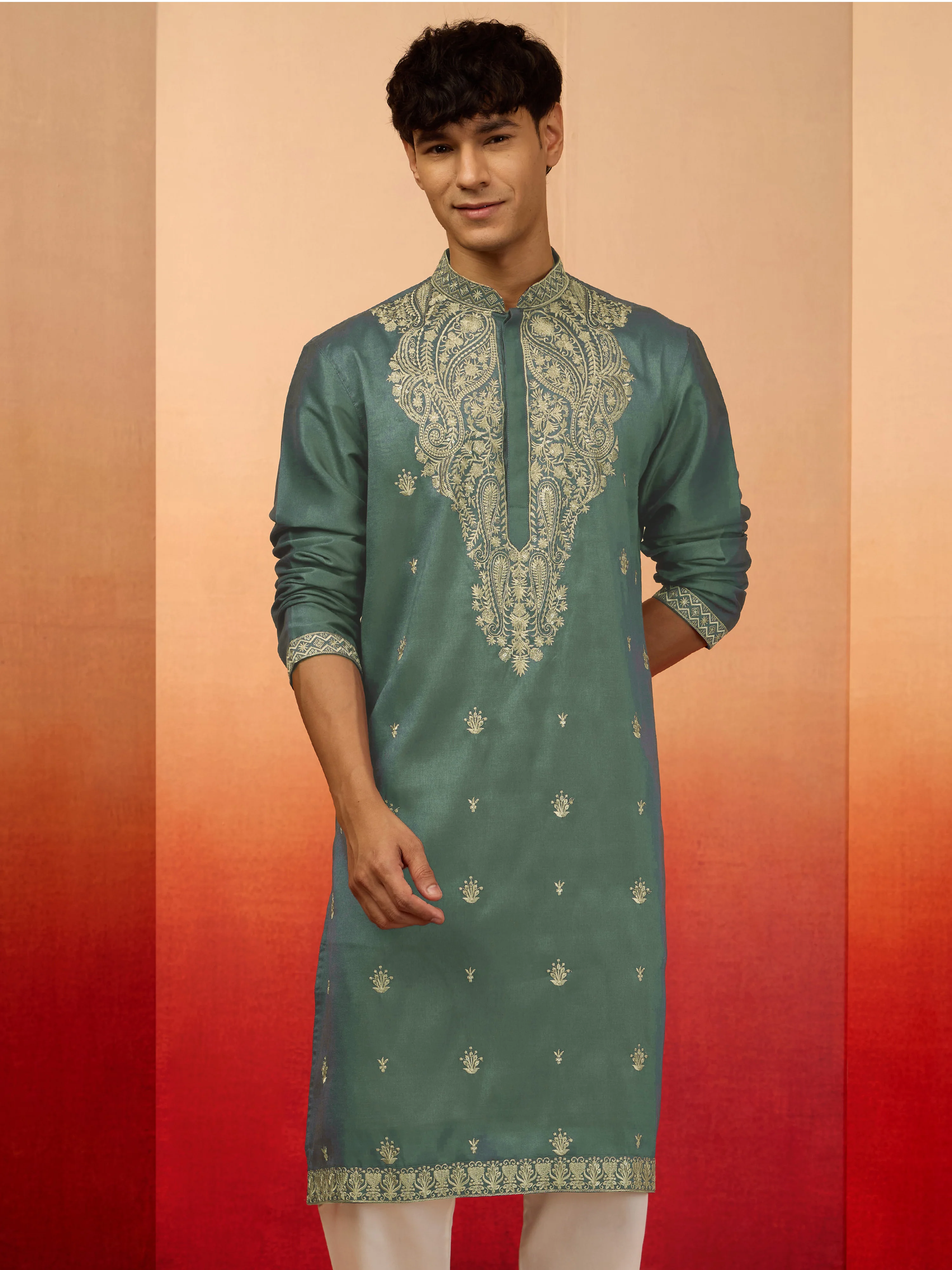 Men's Mint Green Resham Embroidered Silk Kurta - Image 3