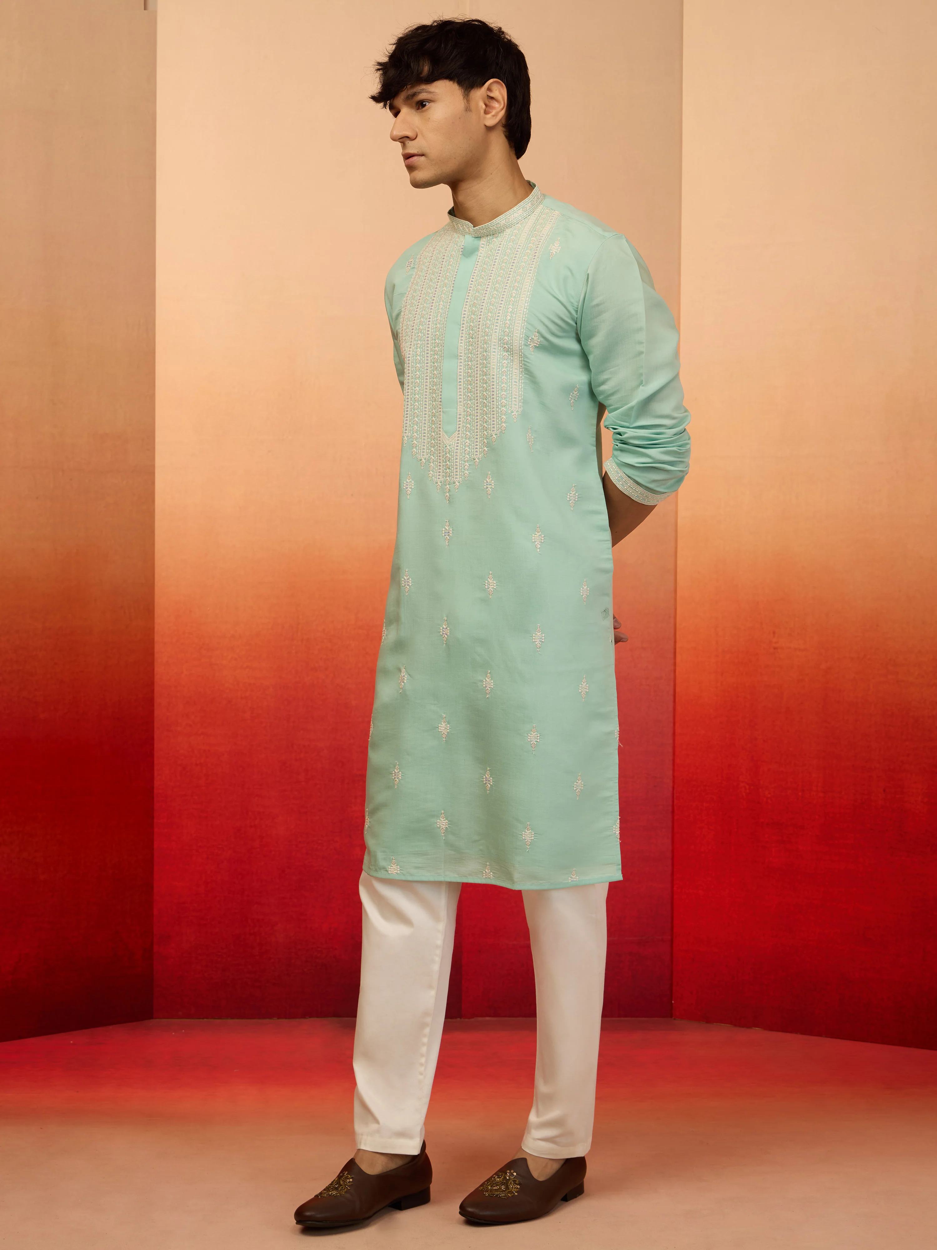 Men's Mint Green Silk Blend Embroidered Kurta with Cream Pyjama - Image 4