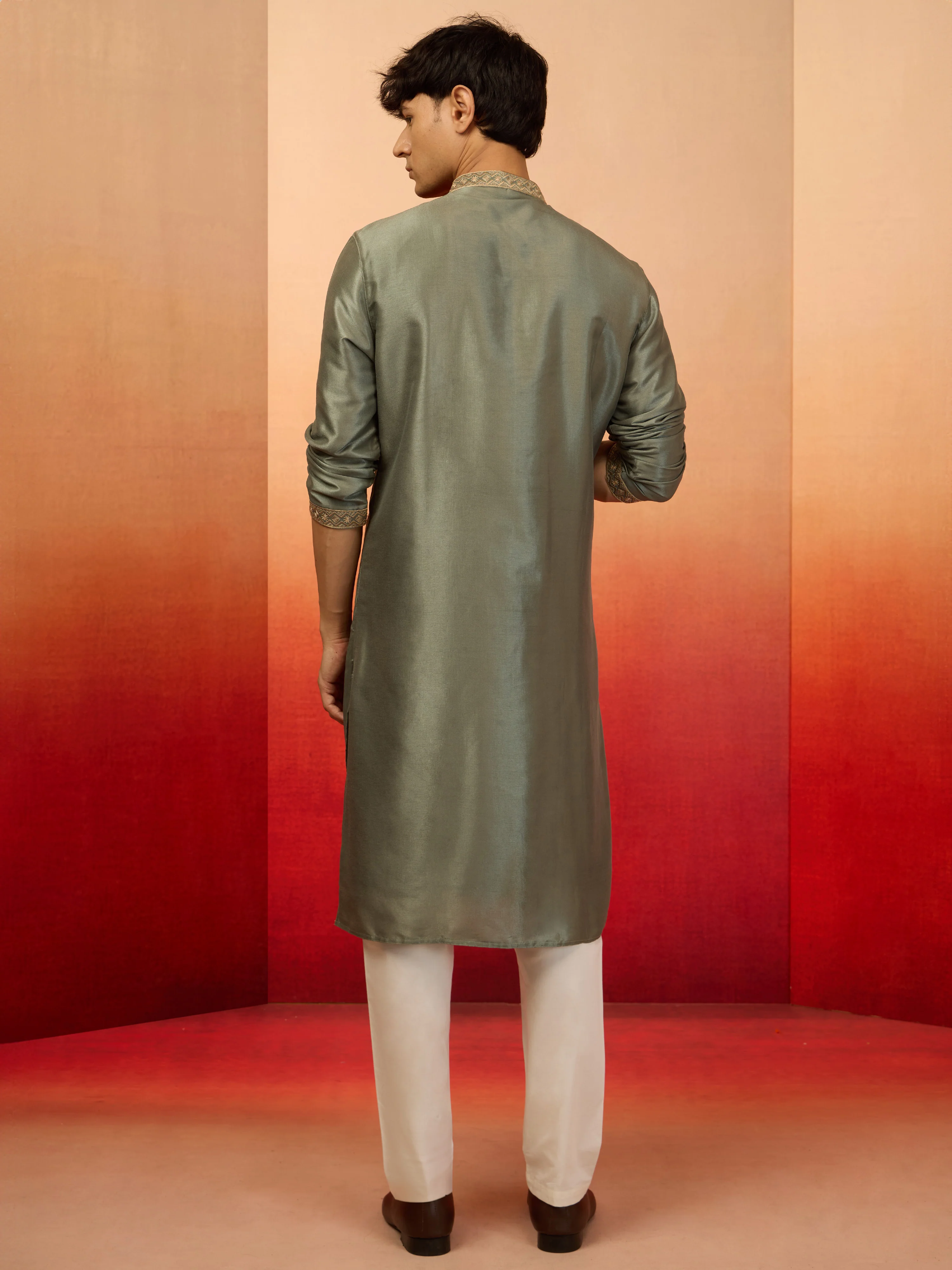 Men's Mint Green Silk Blend Resham Embroidered Kurta with Cream Pyjama - Image 5