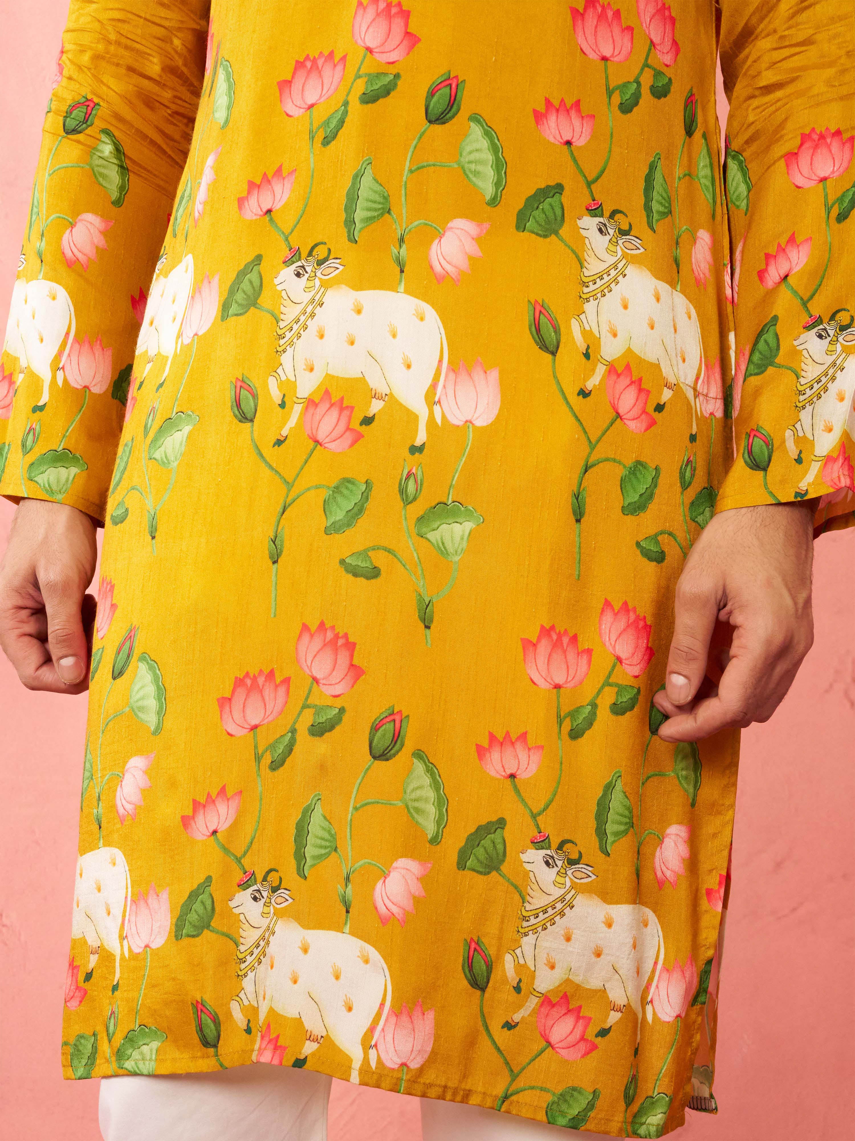 Men's Mustard Digital Print Long Kurta - Image 6