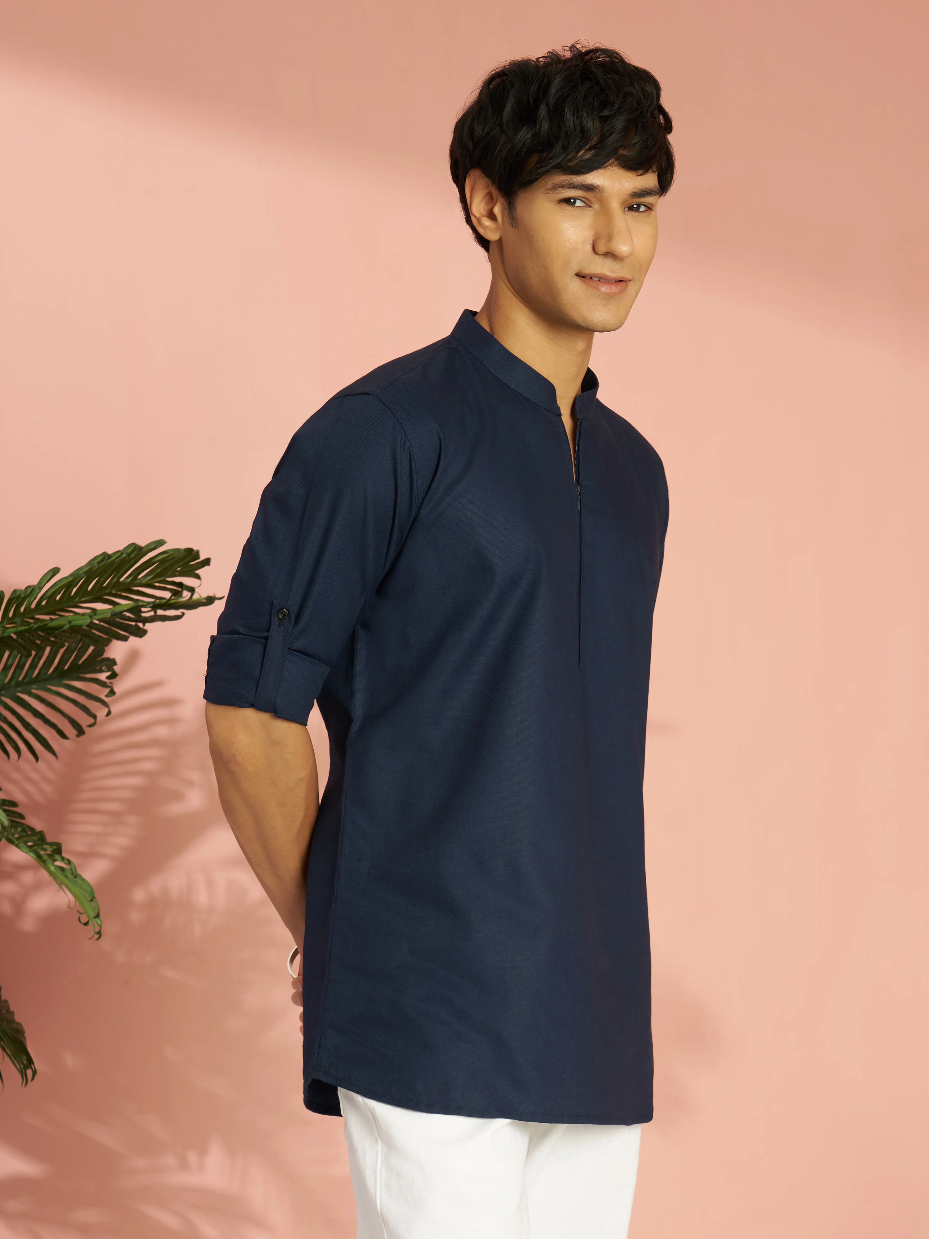 Men's Navy Blue Cotton Blend Solid Short Kurta with Zip - Image 3