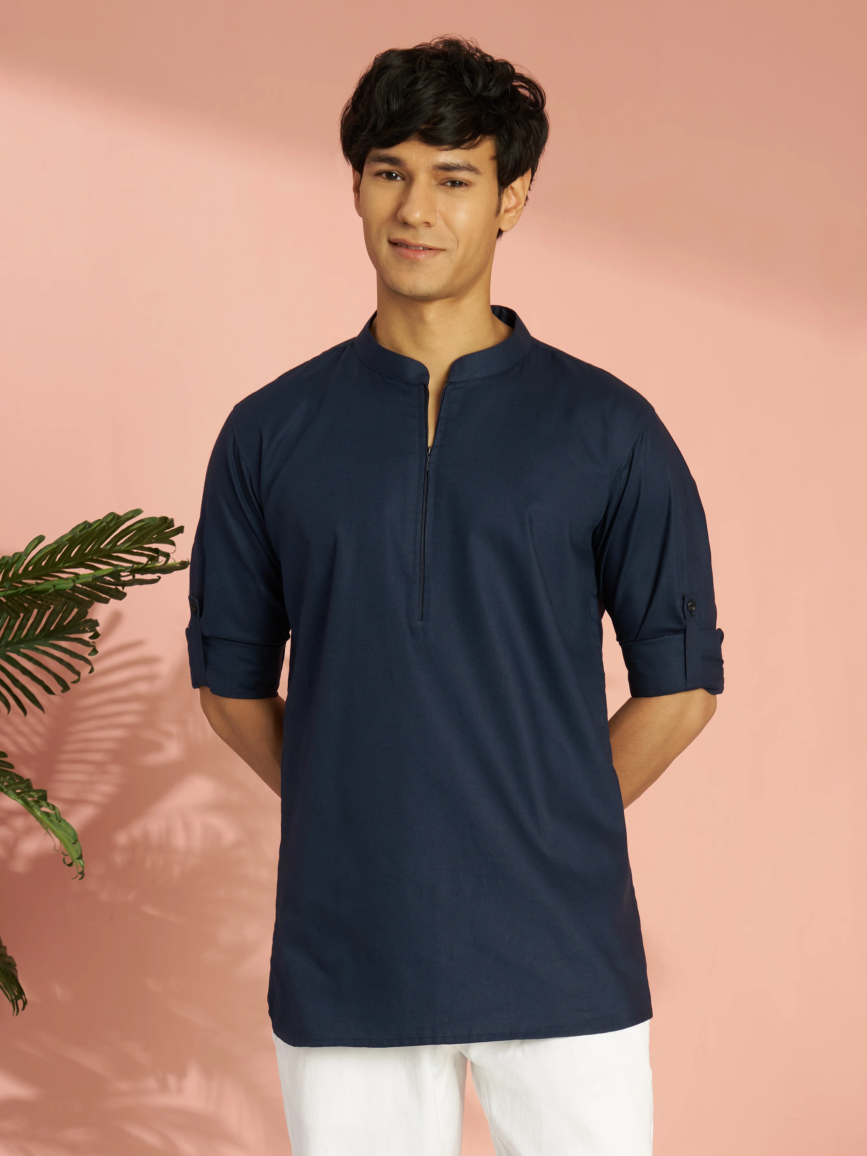 Men's Navy Blue Cotton Blend Solid Short Kurta with Zip - Image 4