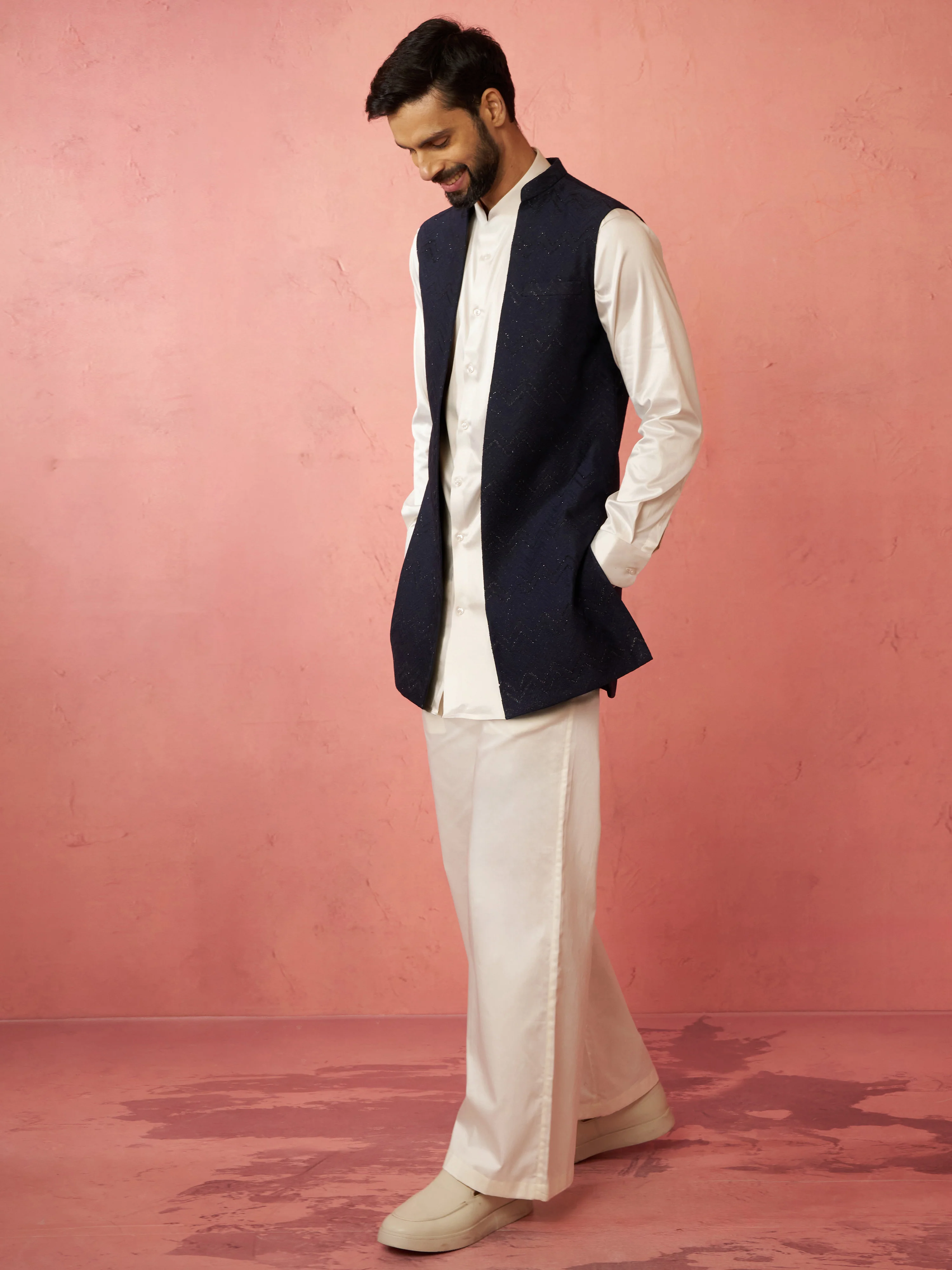 Men's Navy Blue Nehru Jacket with Cream Kurta Trouser - Image 4