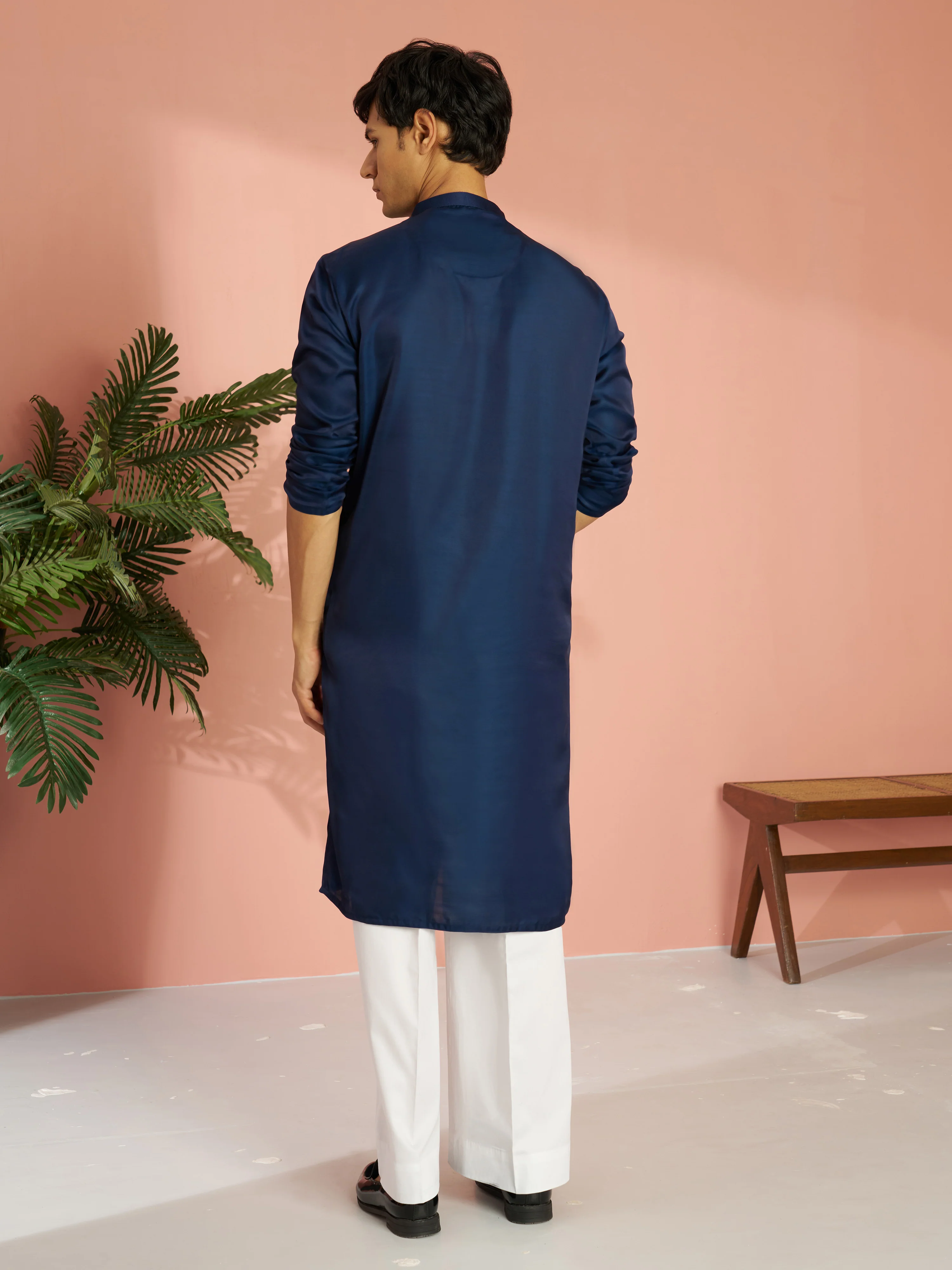 Men's Navy Blue Silk Blend Zari Embroidered Kurta with Cream Fine Satin Wide Leg Pant Set - Image 5