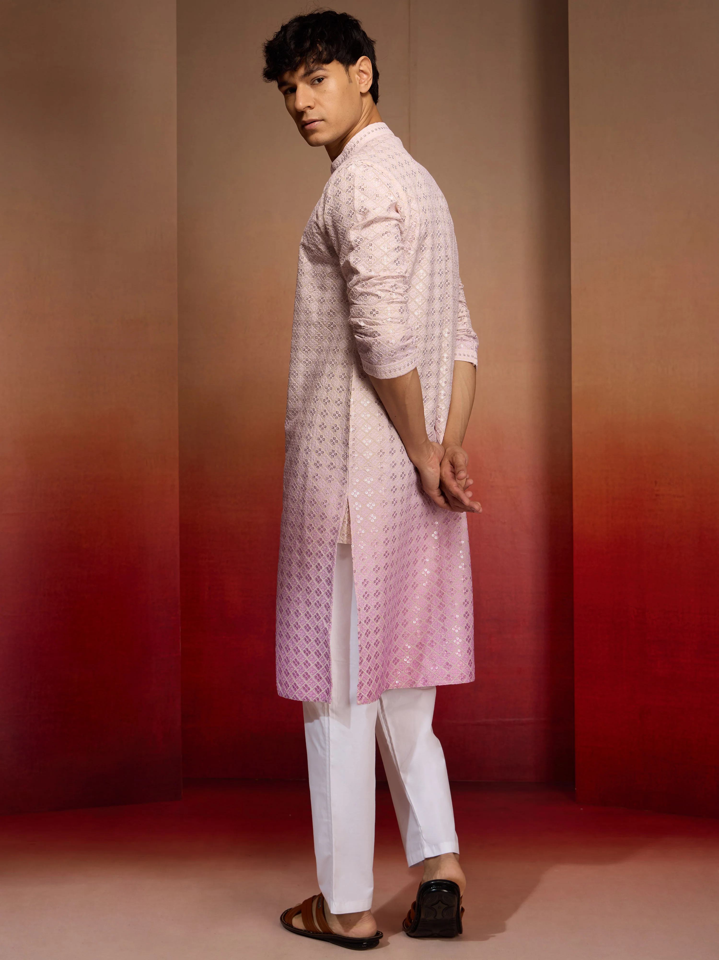 Men's Onion Cotton Sequin Ombre Kurta with White Trousers - Image 5