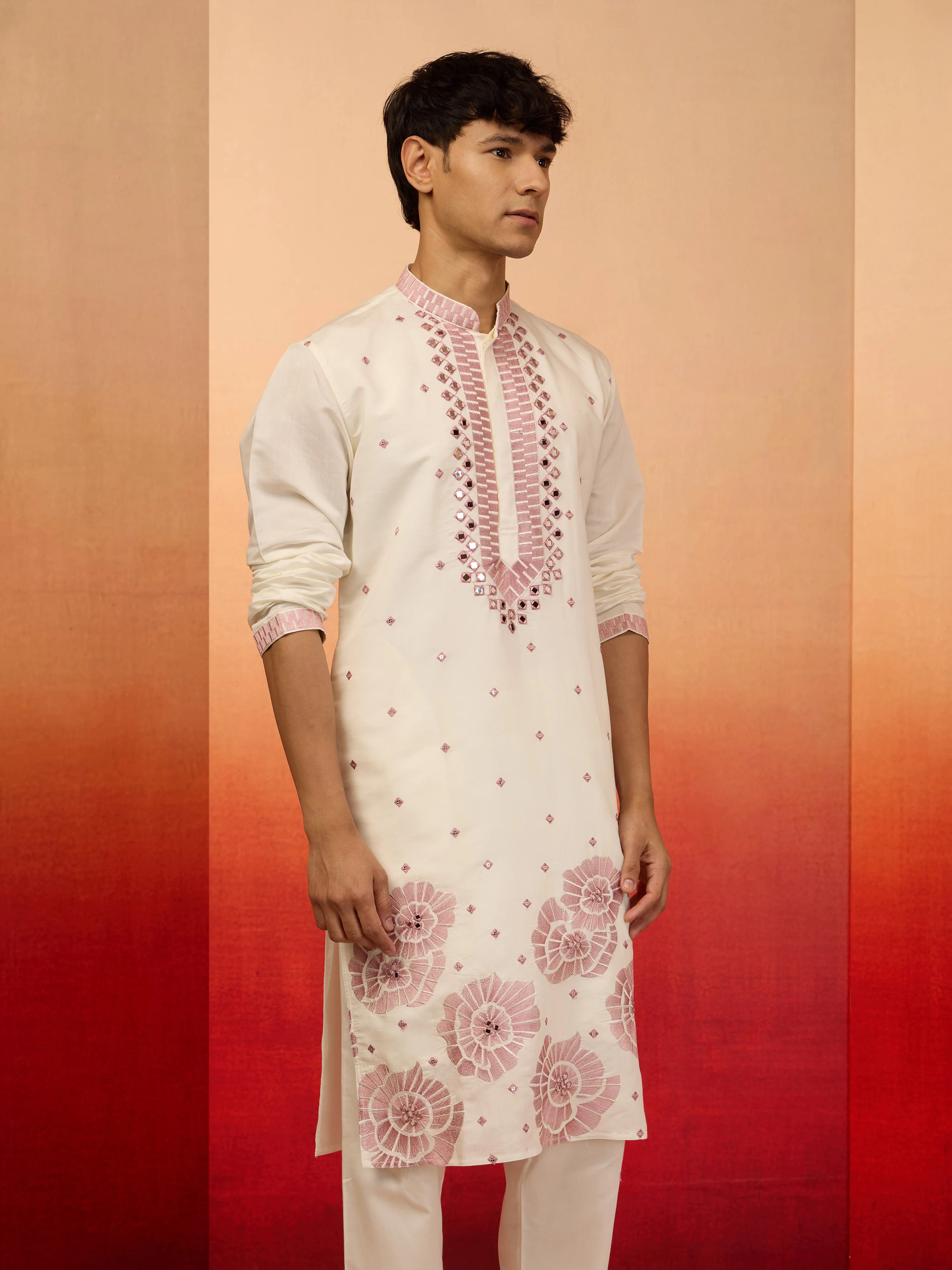 Men's Onion Multi Embroidered Silk Kurta - Image 4