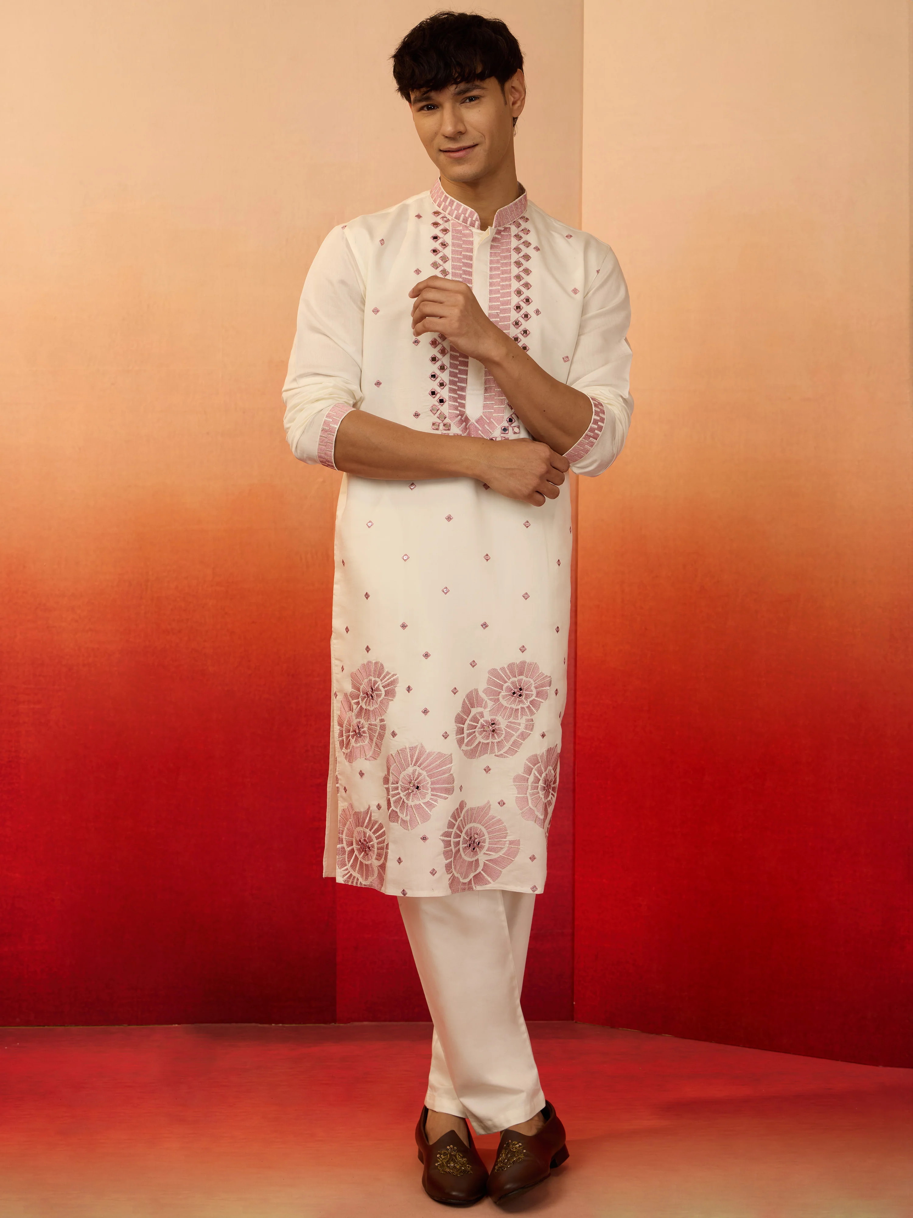 Men's Onion Multi Embroidered Silk Kurta - Image 7
