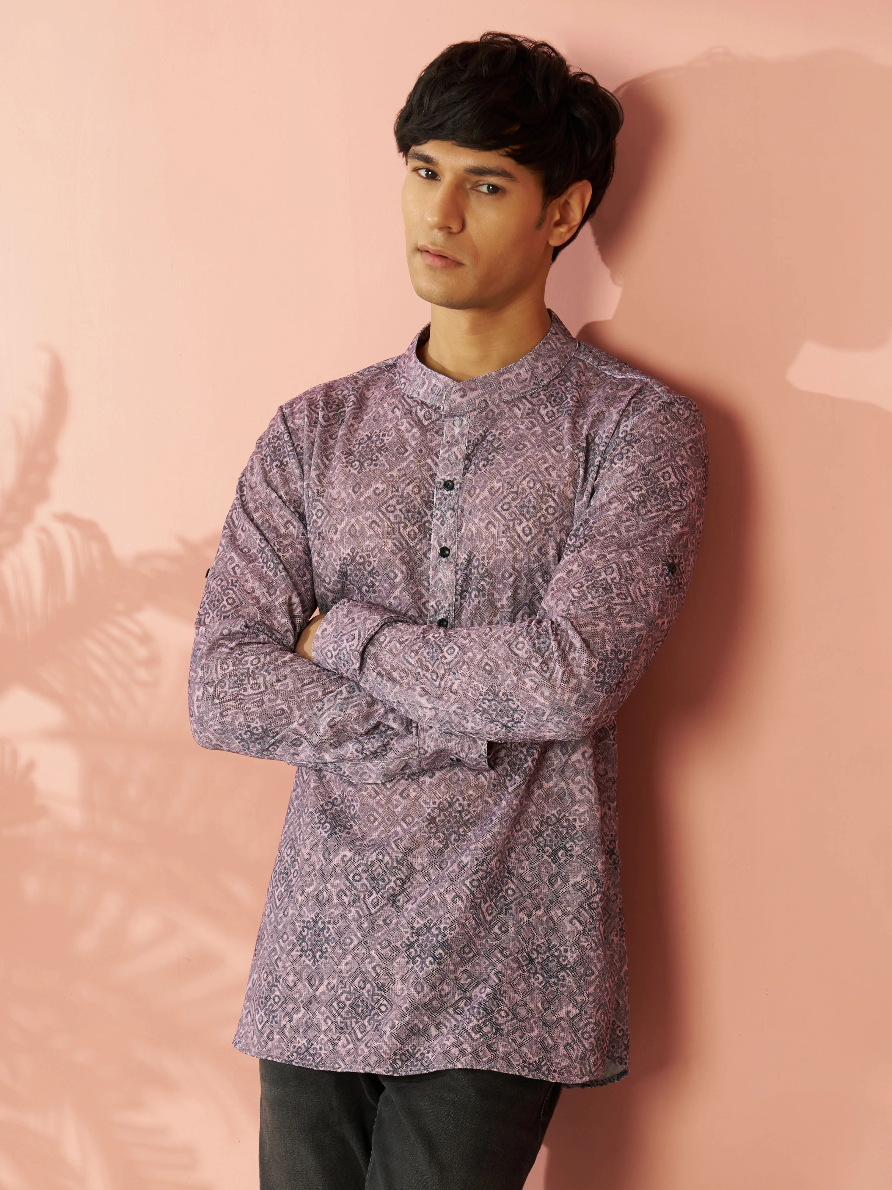 Men's Onion Pink Cotton Blend Ethnic Motif Printed Short Kurta
