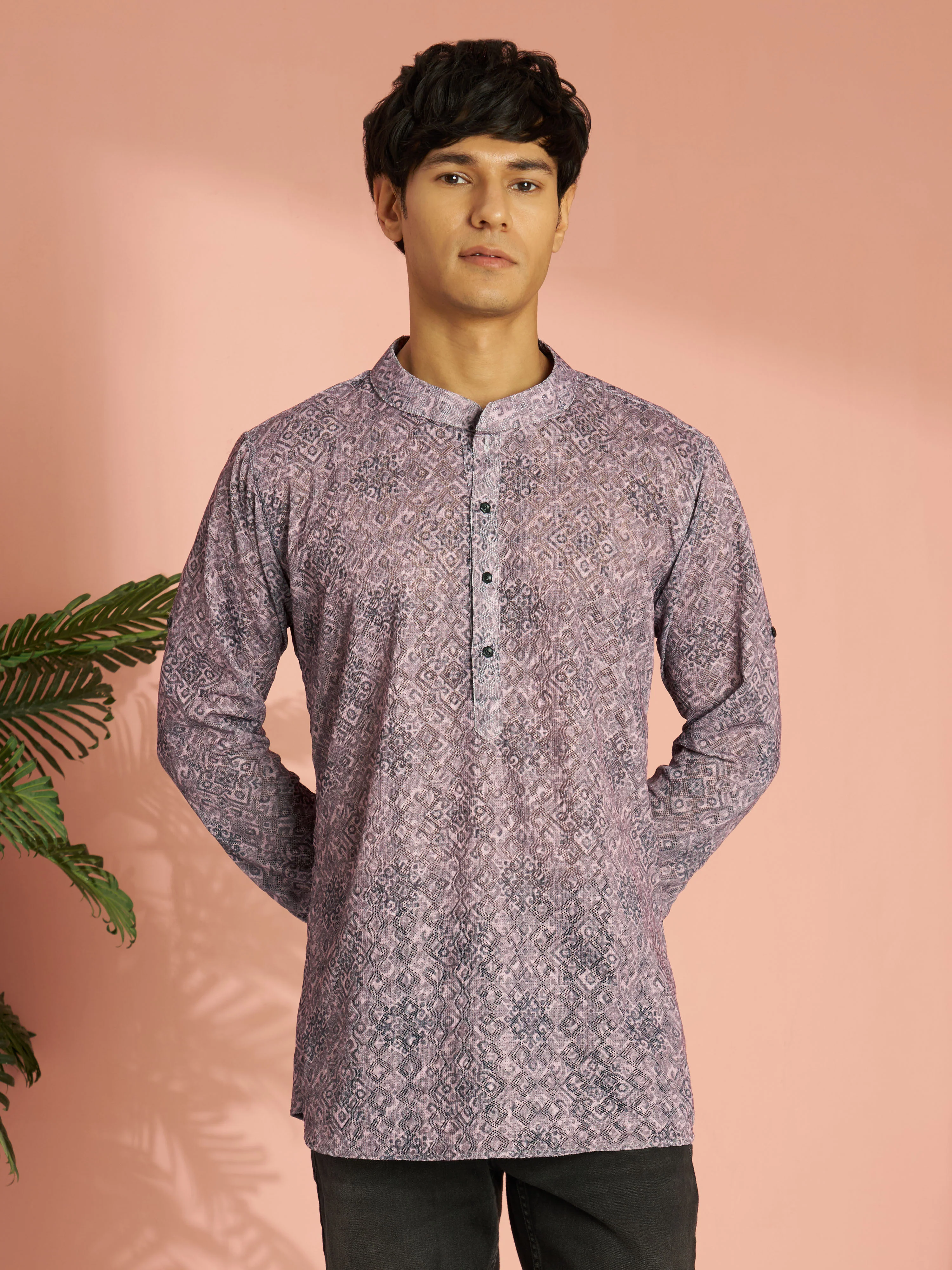 Men's Onion Pink Cotton Blend Ethnic Motif Printed Short Kurta - Image 3
