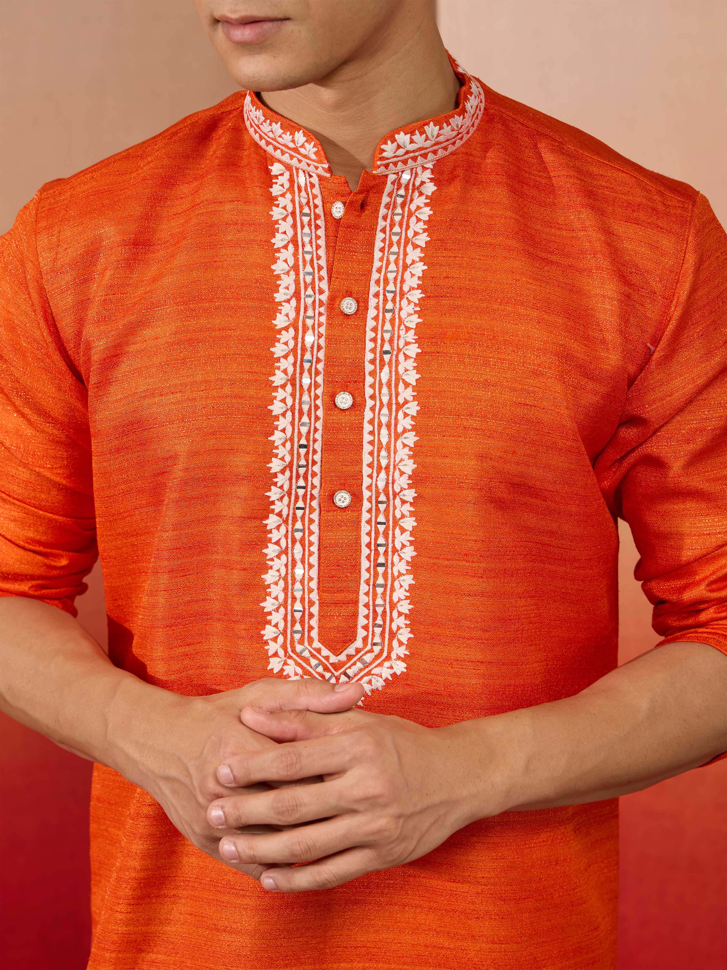 Men's Orange Hand Embroidered Silk Kurta - Image 2