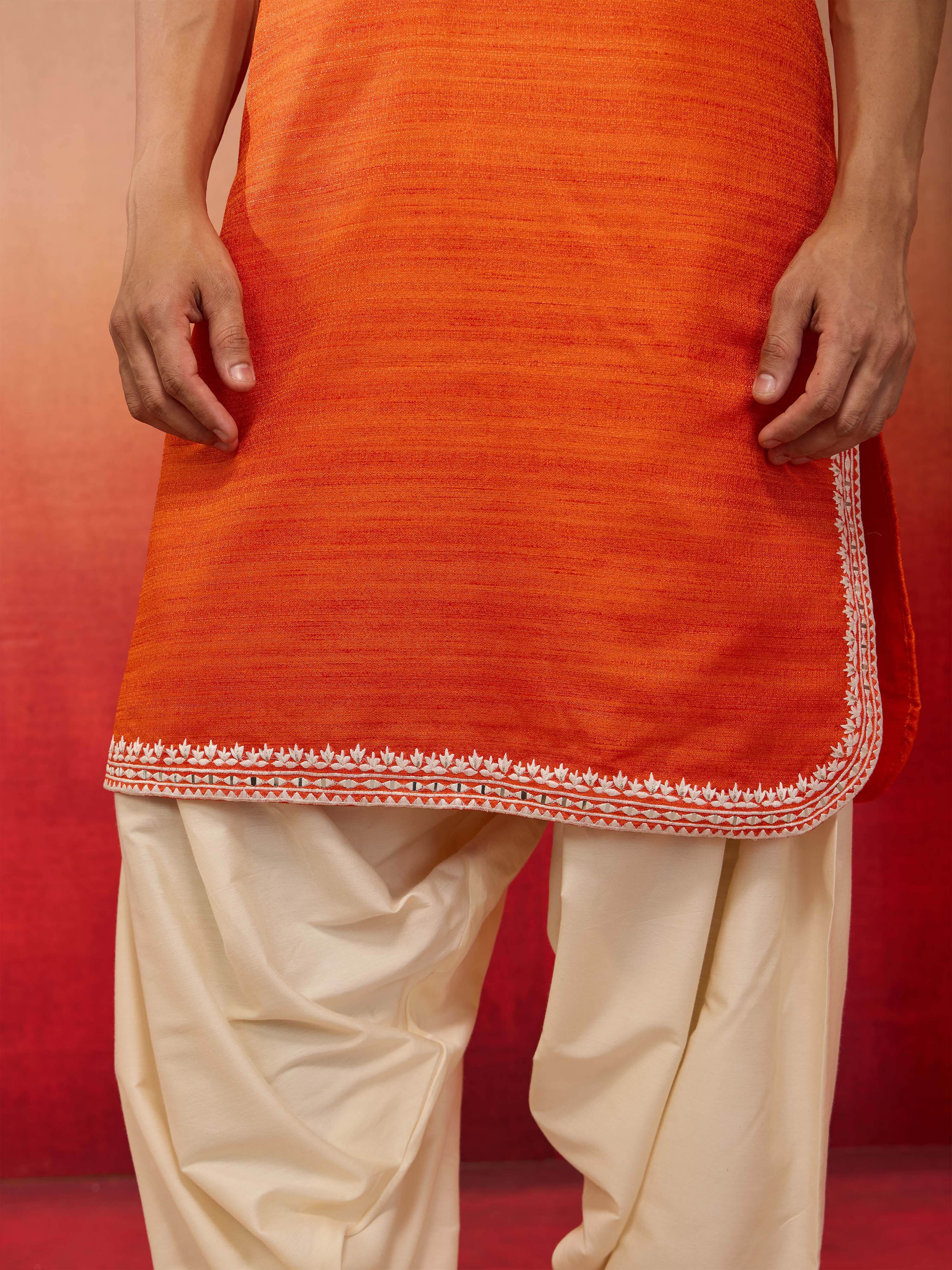 Men's Orange Hand Embroidered Silk Kurta - Image 6