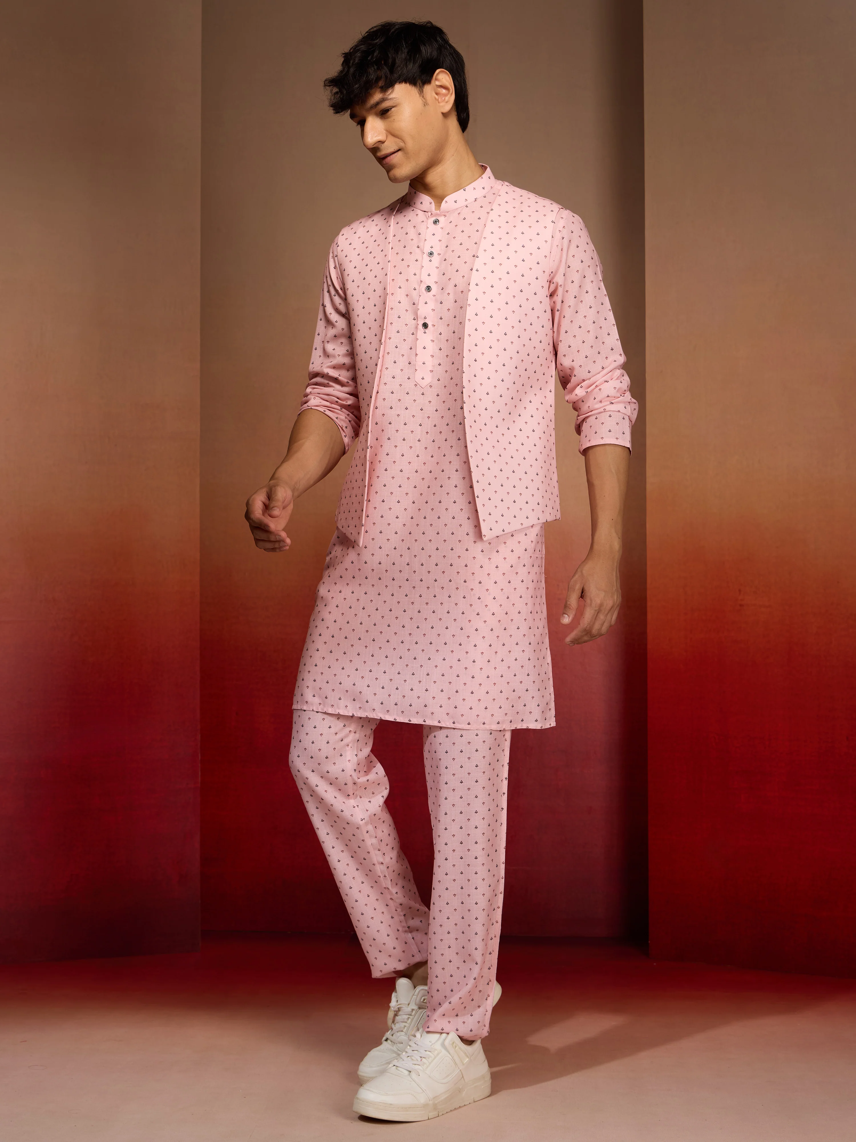 Men's Peach Cotton Linen 3-Piece Nehru Set - Image 4