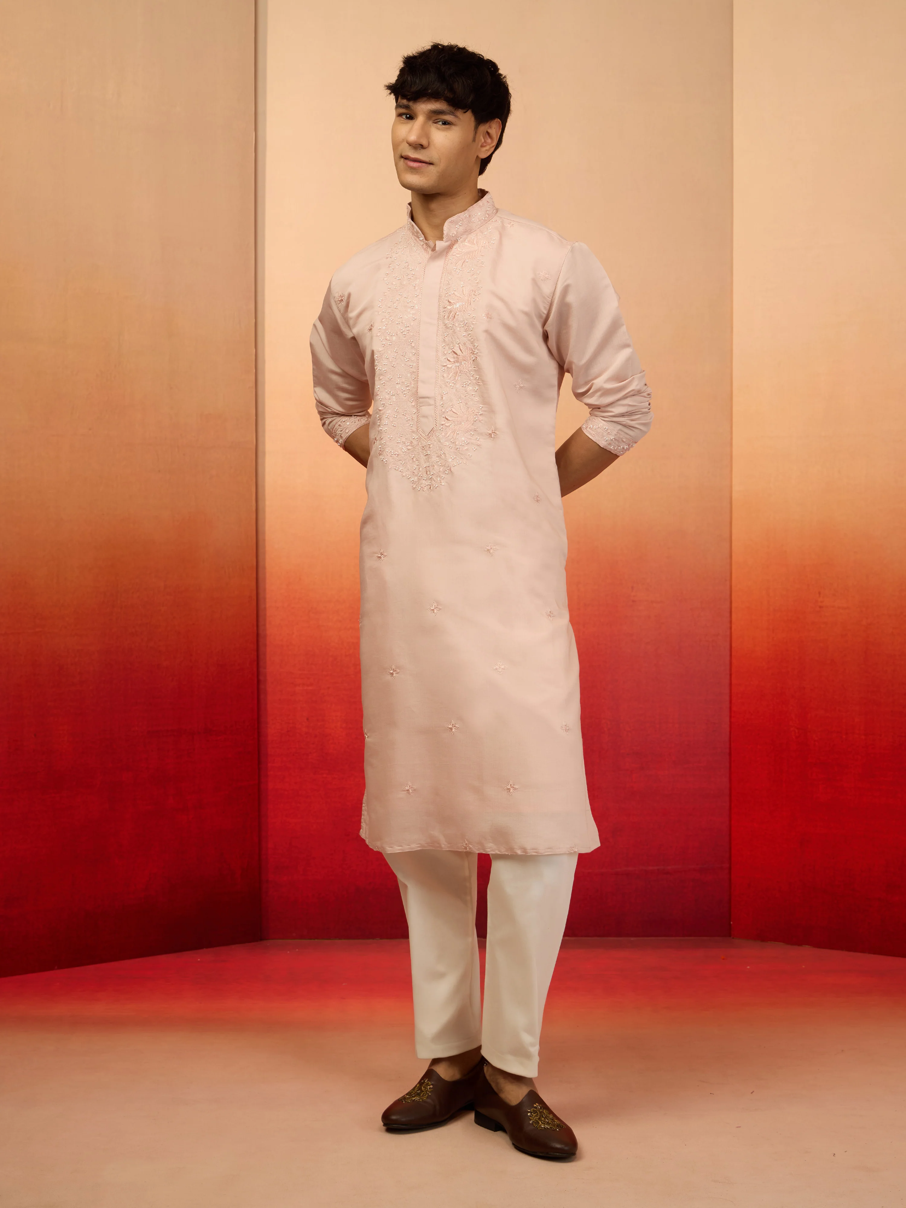 Men's Peach Embroidered Silk Kurta