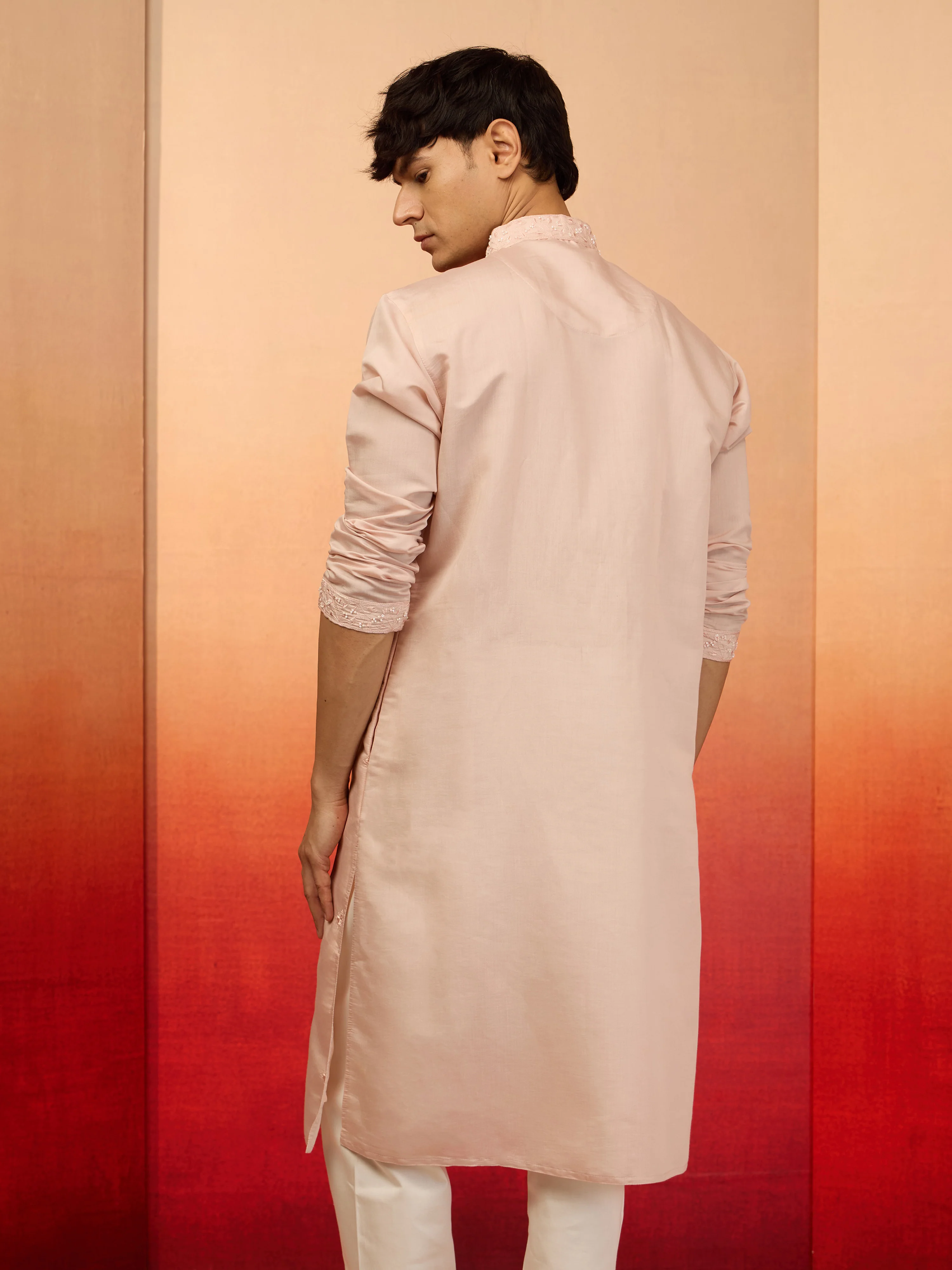 Men's Peach Embroidered Silk Kurta - Image 5