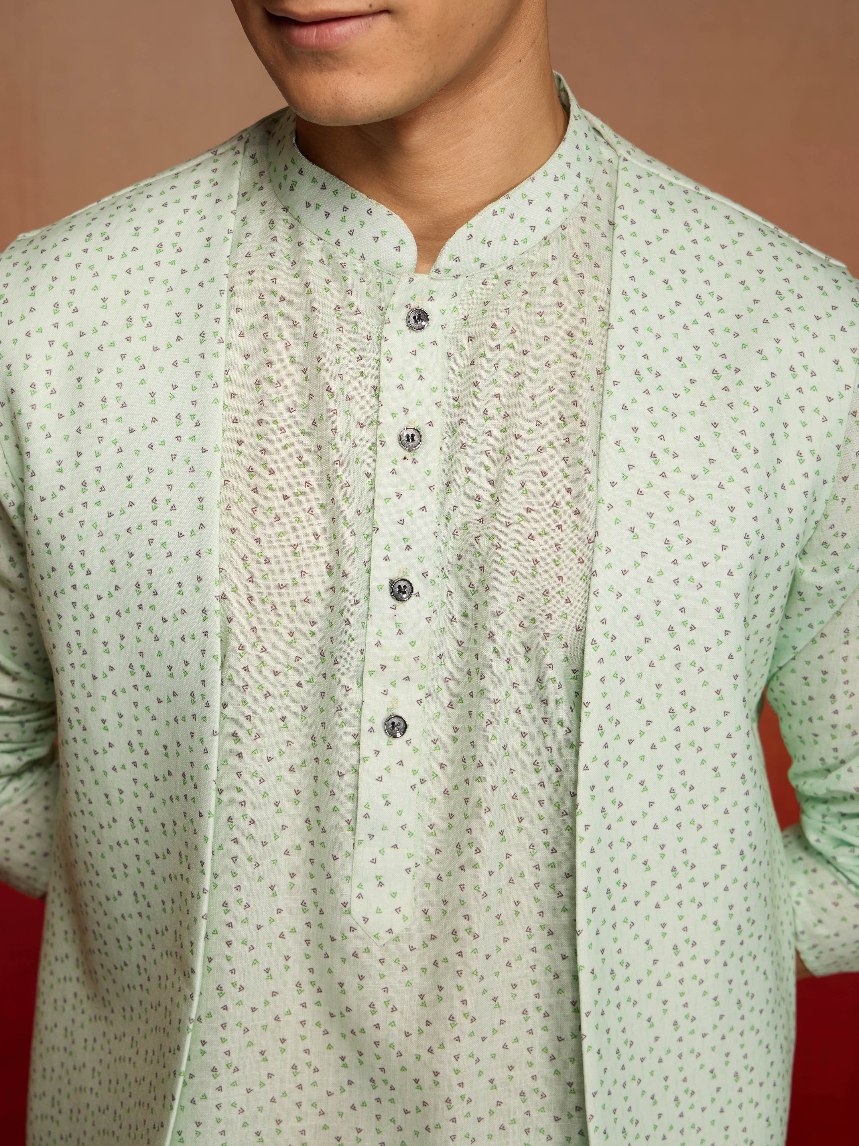 Men's Peach Mint Green Cotton Linen 3-Piece Set - Image 2