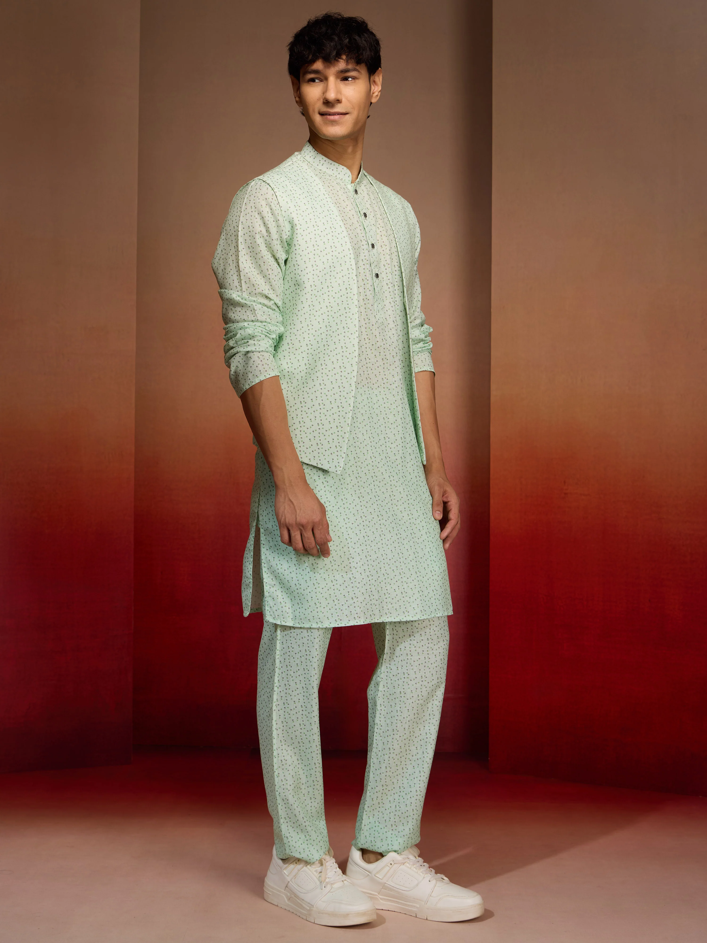 Men's Peach Mint Green Cotton Linen 3-Piece Set - Image 5