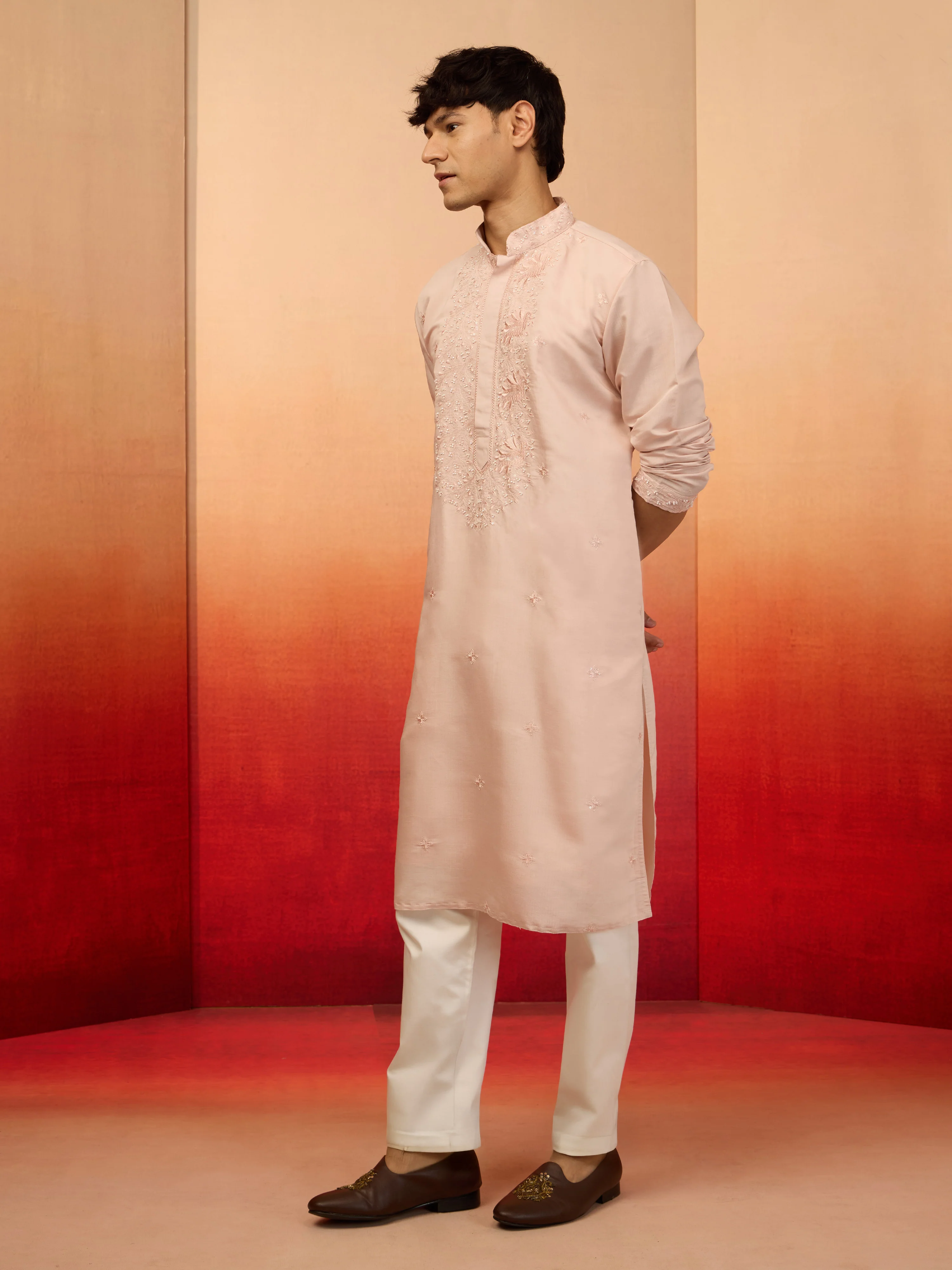 Men's Peach Silk Blend Embroidered Kurta with Cream Pyjama - Image 4