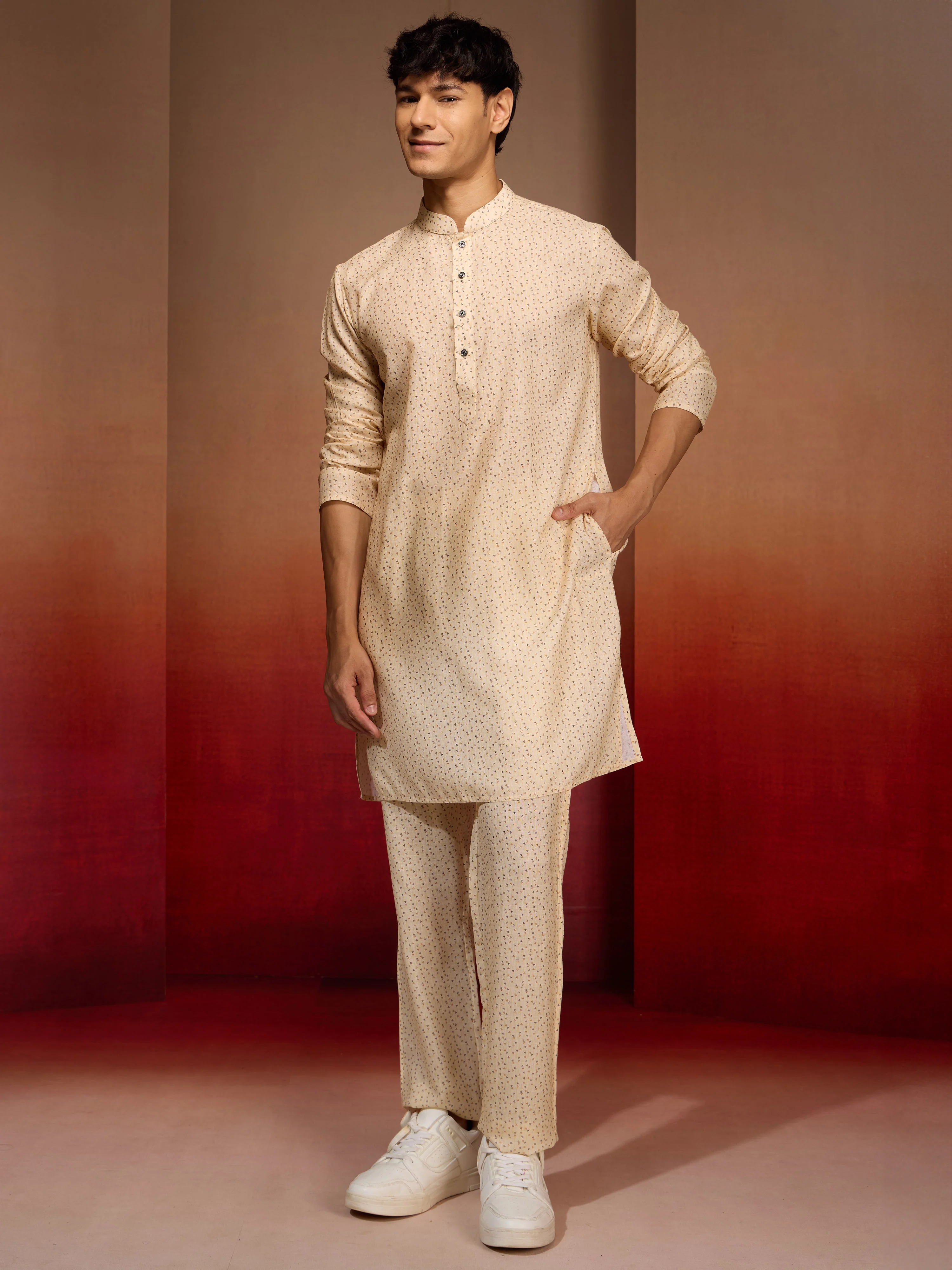 Men's Peach Yellow Cotton Linen 3-Piece Set - Image 6