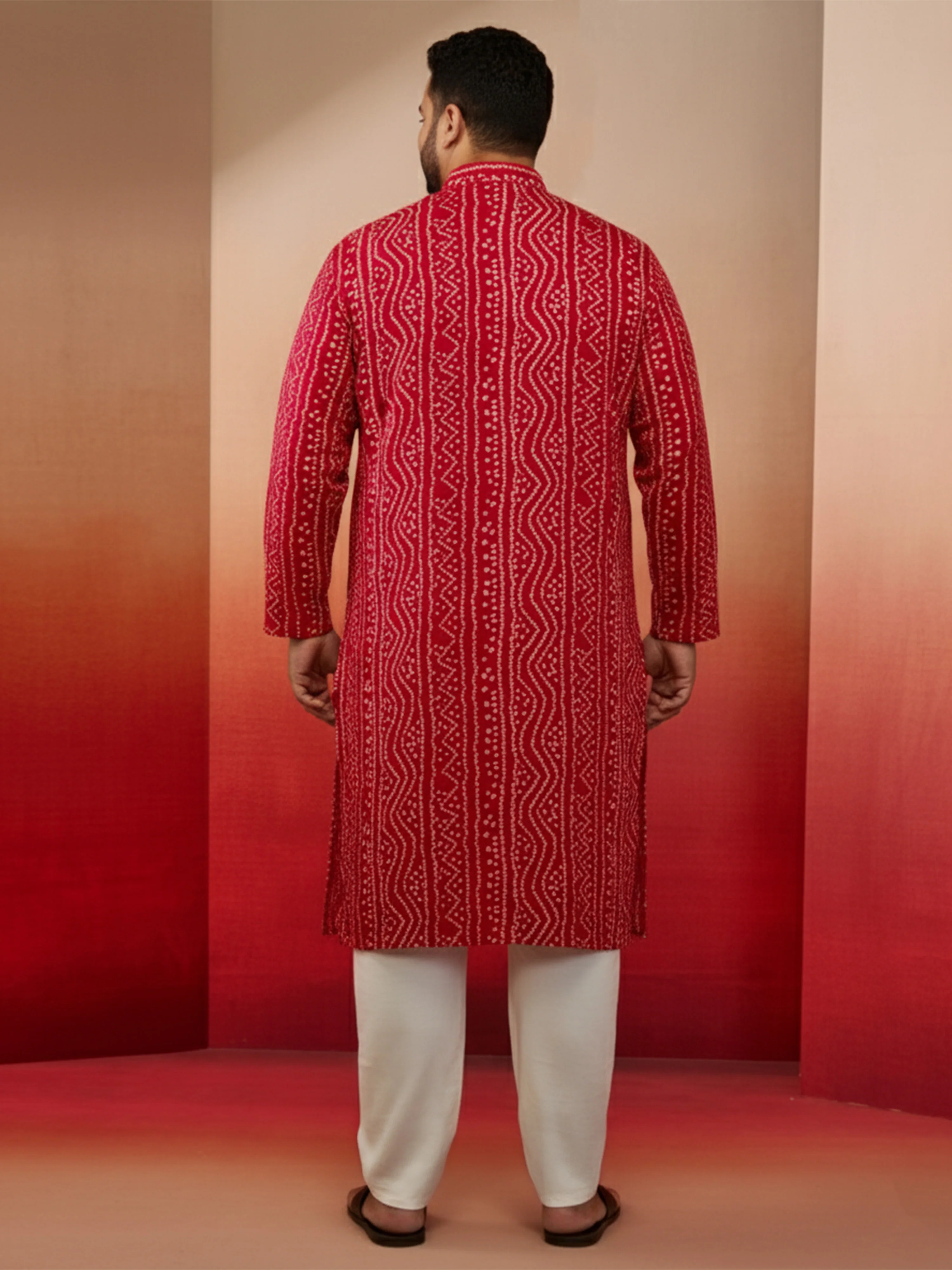 Men's Pink Bandhani Print Kurta with Cream Pyjama - Image 4