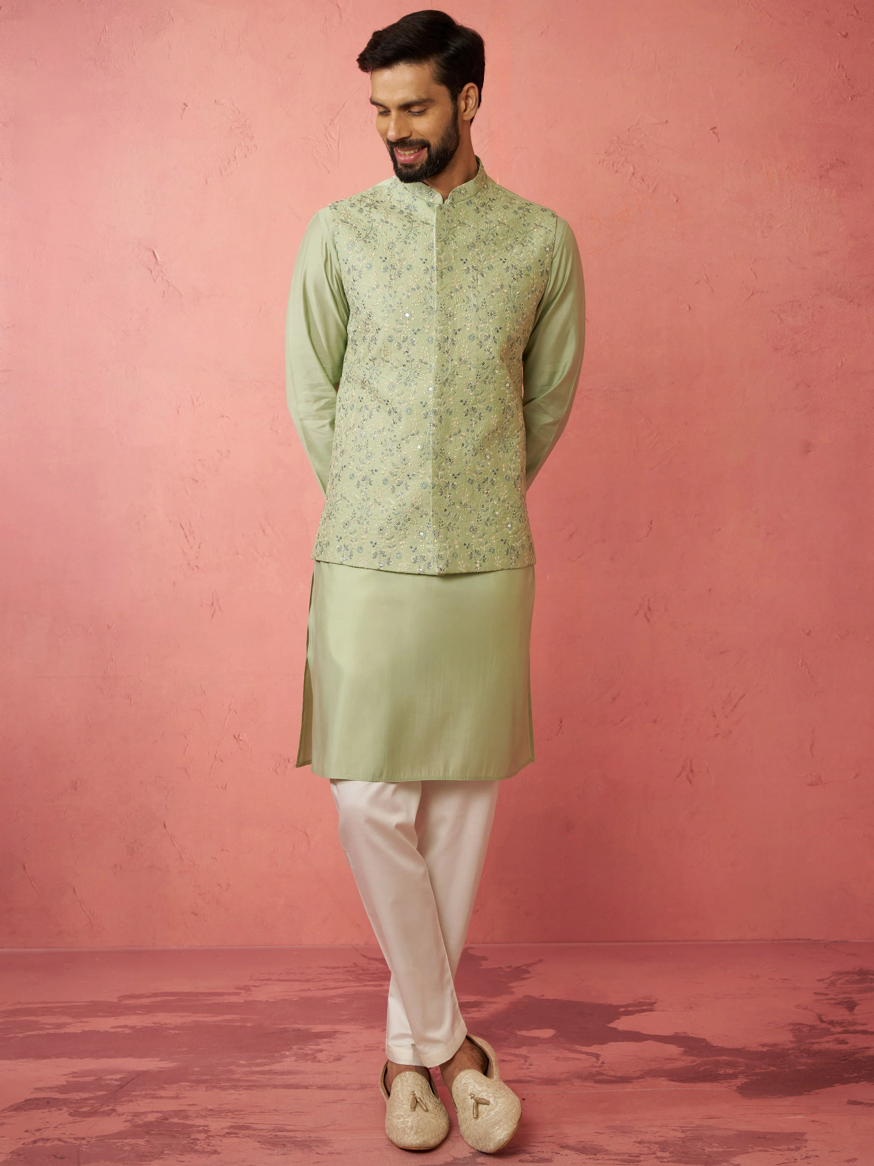 Men's Pista Green Nehru Jacket Kurta Set with Pyjama - Image 3