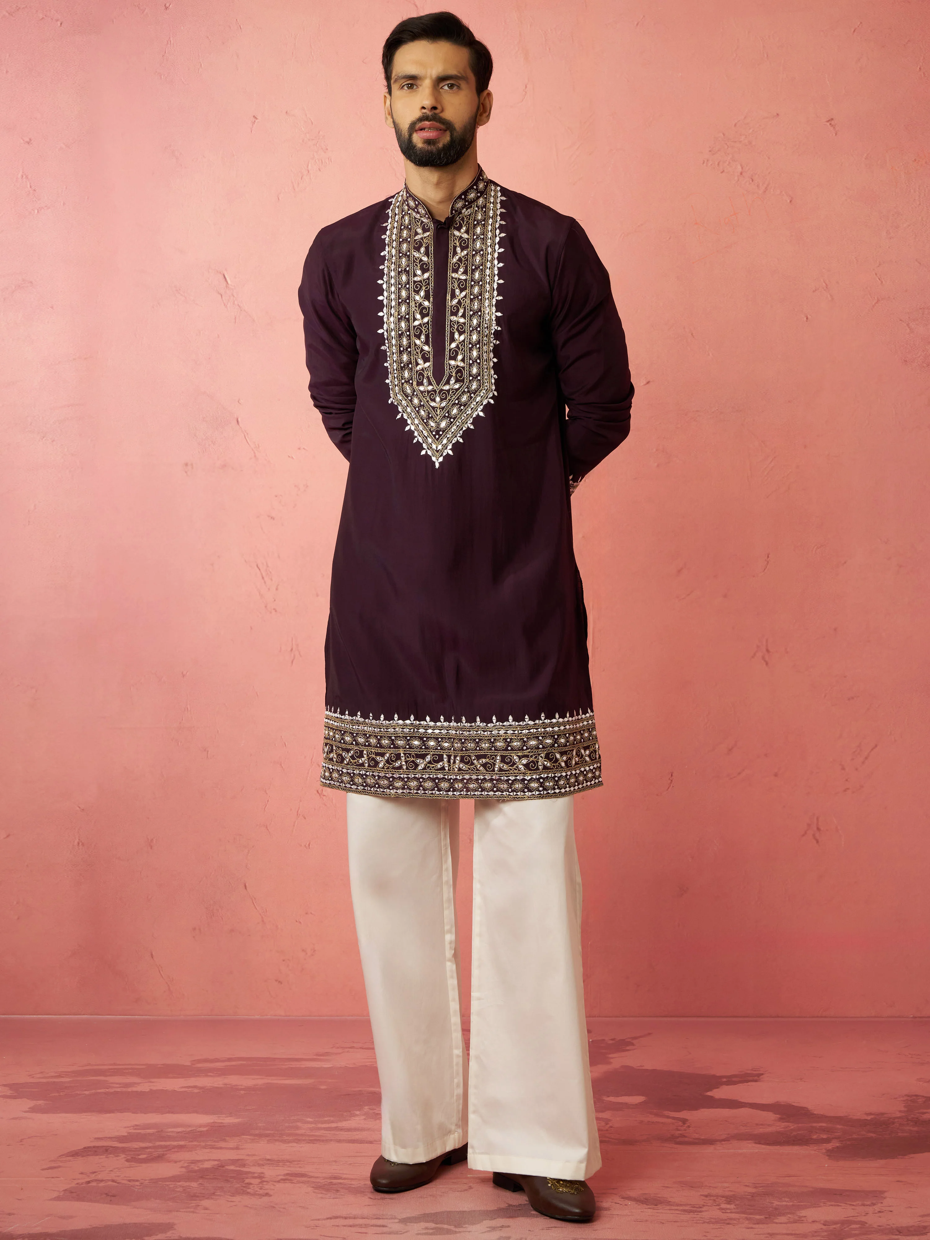 Men's Purple Chanderi Kurta Set with Cream Pant - Image 3