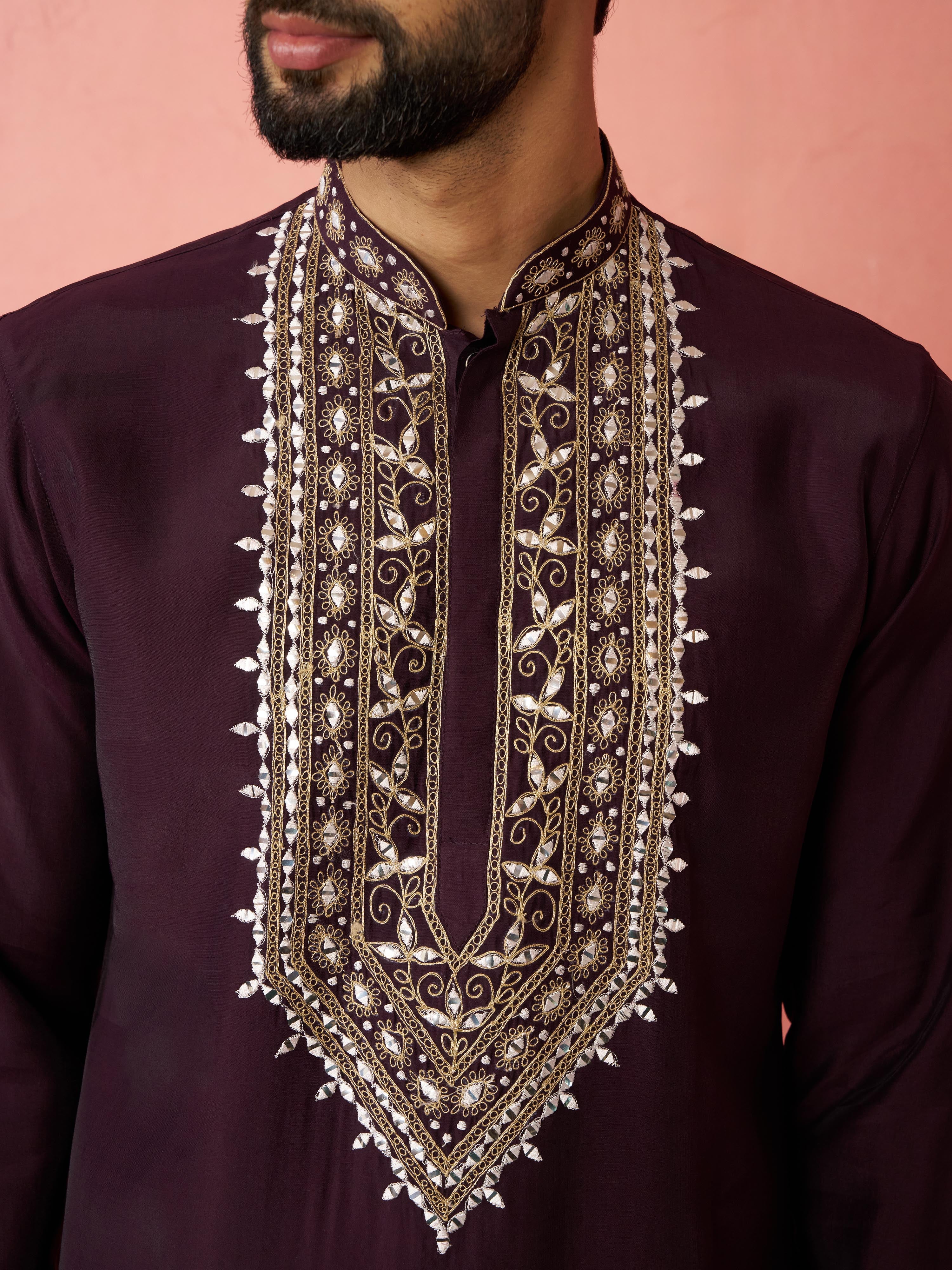 Men's Purple Chanderi Kurta Set with Cream Pyjama - Image 2