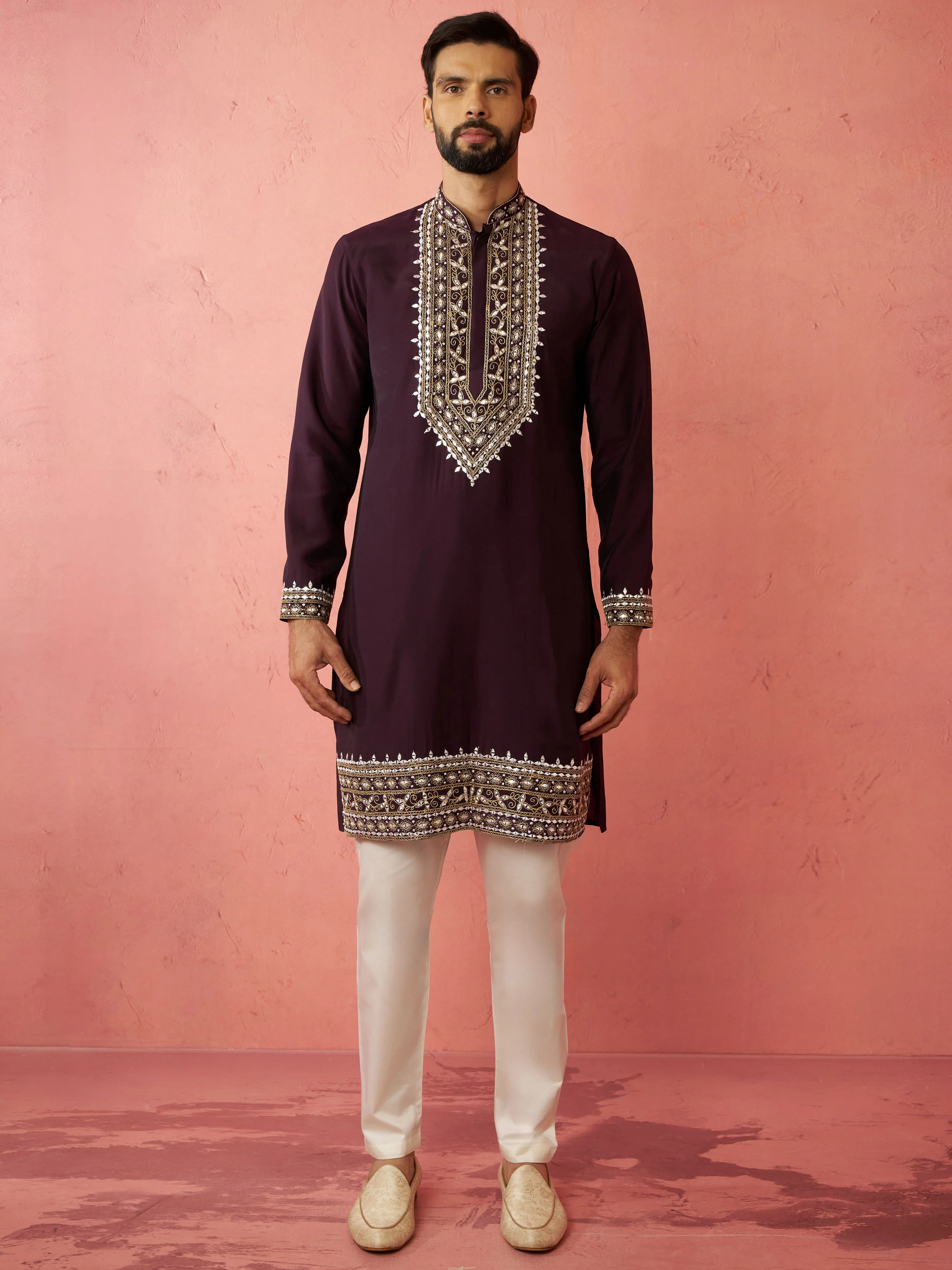 Men's Purple Chanderi Kurta Set with Cream Pyjama - Image 3